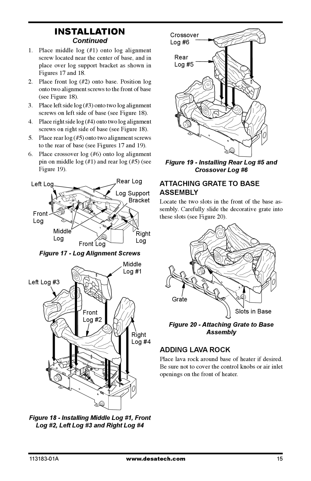 Desa CDR3924PT installation manual Attaching Grate to Base Assembly, Adding Lava Rock 