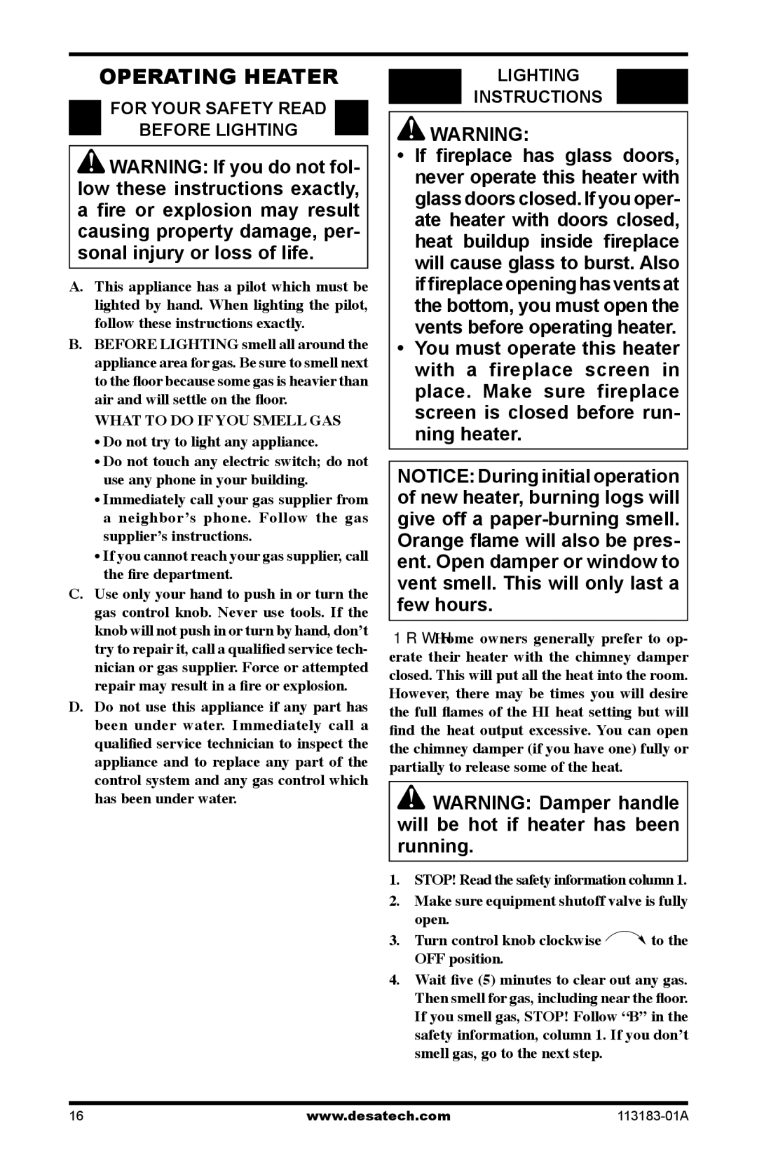 Desa CDR3924PT installation manual Operating Heater, For Your Safety Read Before Lighting, Lighting Instructions 