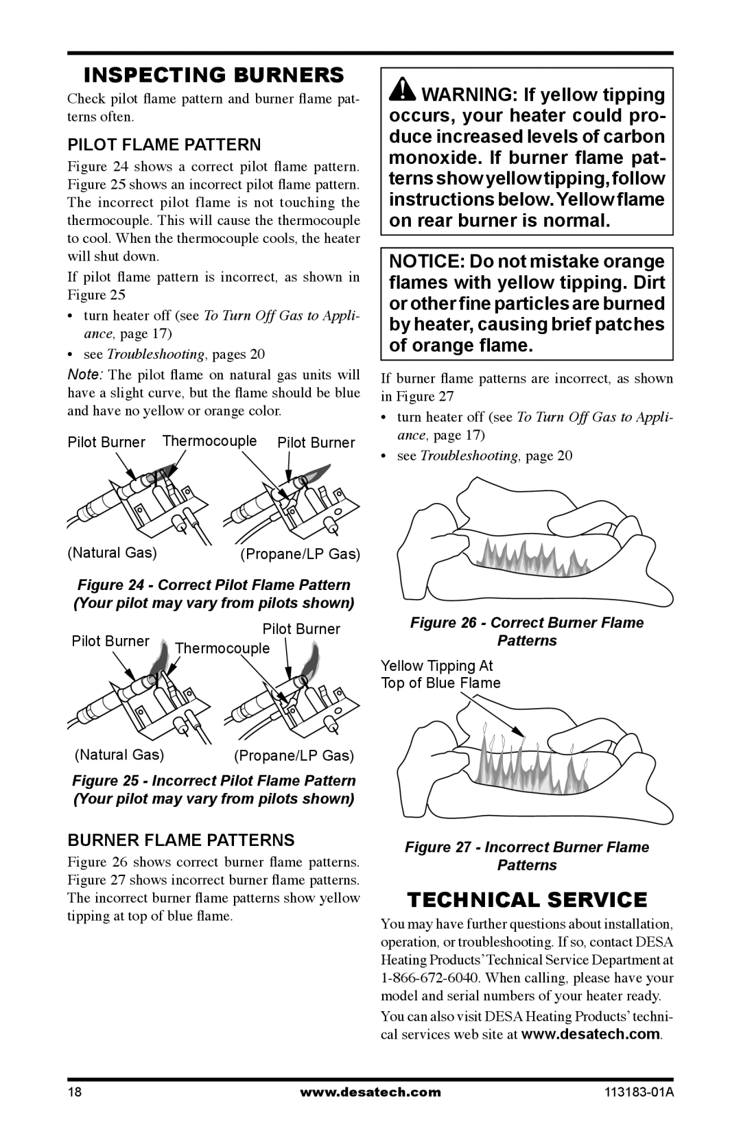 Desa CDR3924PT installation manual Inspecting Burners, Technical Service, Pilot Flame Pattern, Burner Flame Patterns 