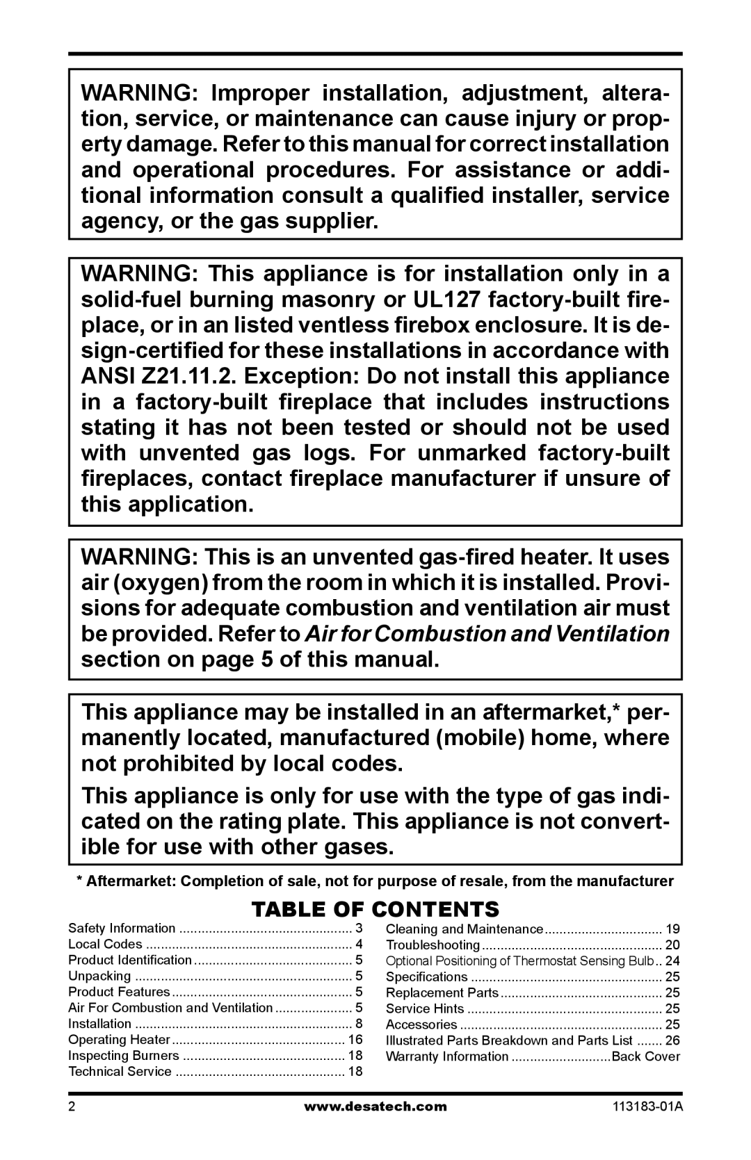 Desa CDR3924PT installation manual Table of Contents 