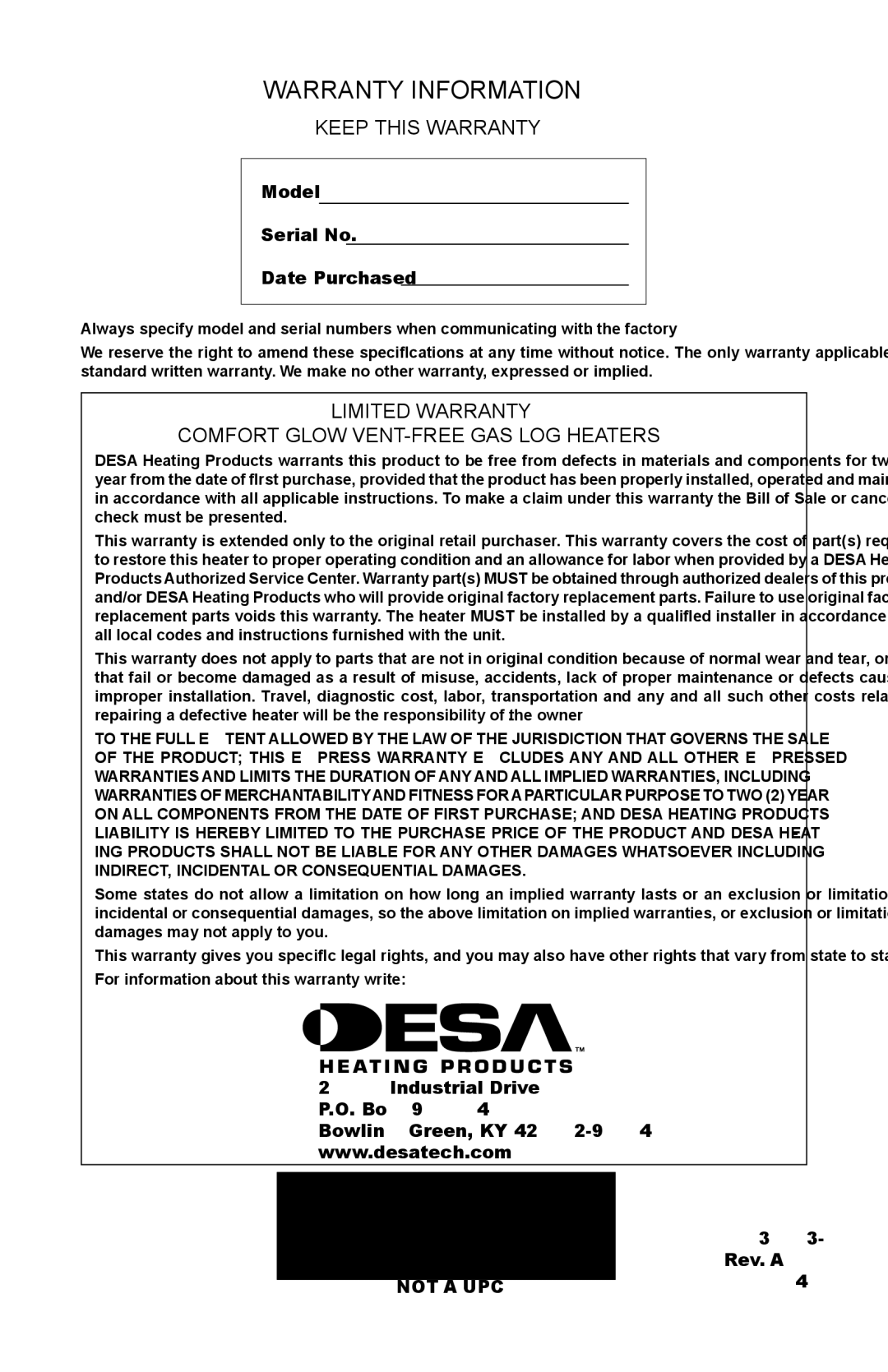 Desa CDR3924PT Warranty Information, Keep this Warranty, Limited Warranty Comfort Glow VENT-FREE GAS LOG Heaters 