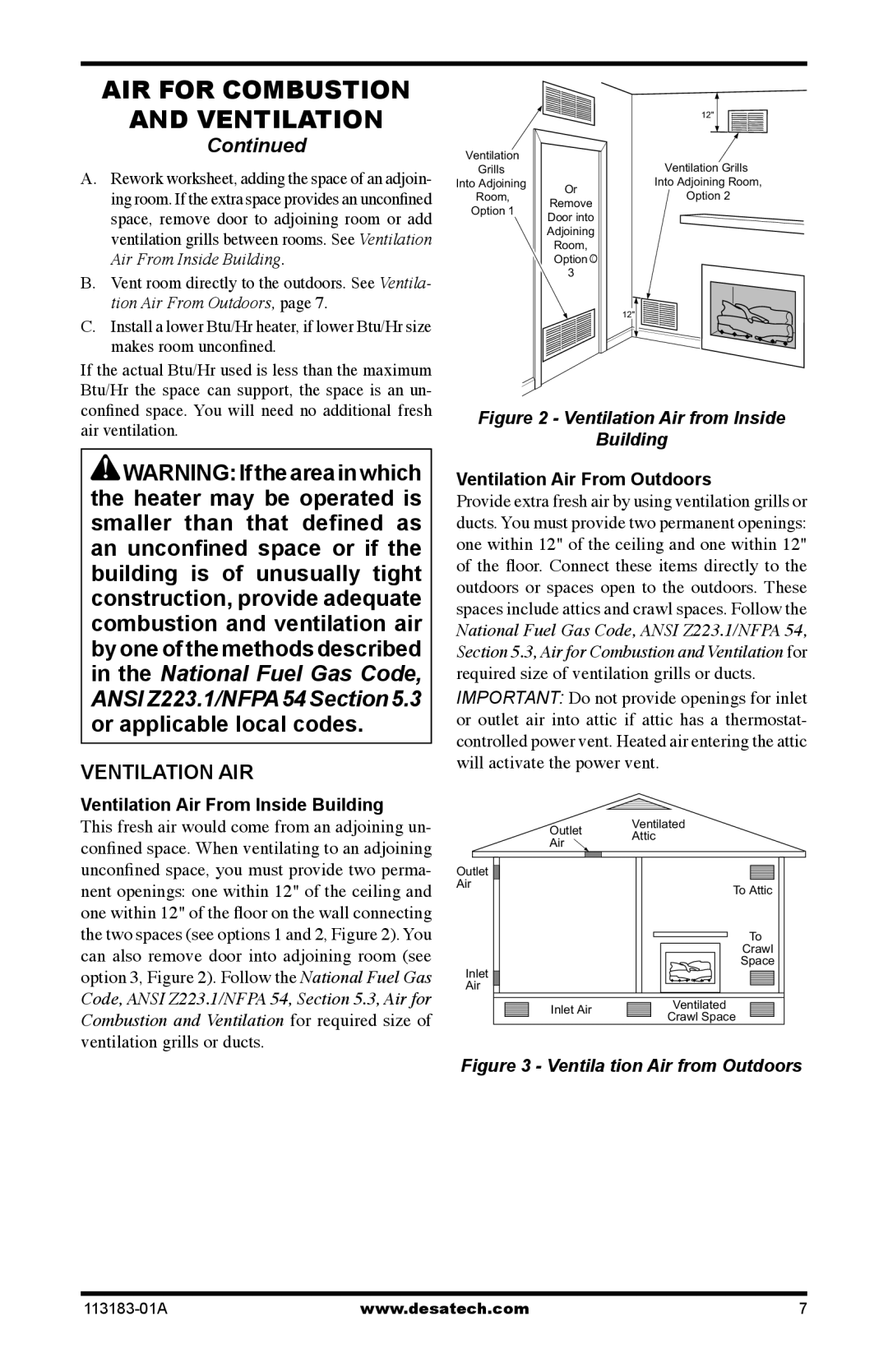 Desa CDR3924PT installation manual Ventilation AIR, Ventilation Air From Inside Building, Ventilation Air From Outdoors 