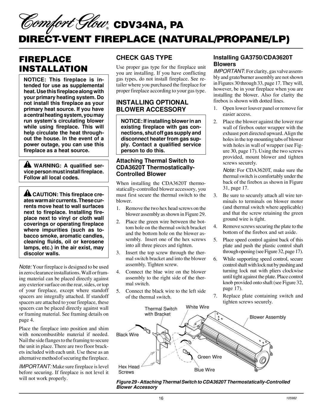 Desa CDV34PA, CDV34NA installation manual Fireplace Installation, Check GAS Type, Installing Optional Blower Accessory 