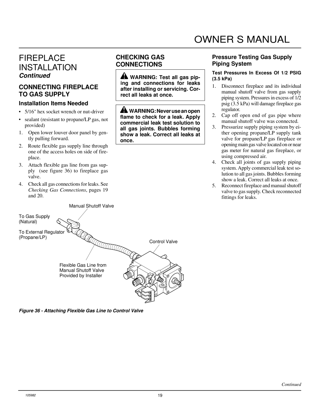 Desa CDV34NA Connecting Fireplace to GAS Supply, Checking GAS Connections, Pressure Testing Gas Supply Piping System 