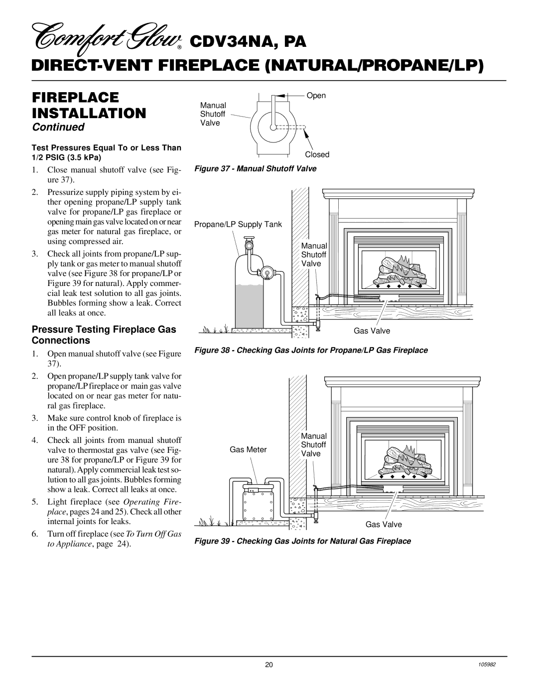 Desa CDV34PA, CDV34NA Pressure Testing Fireplace Gas Connections, Close manual shutoff valve see Fig- ure 