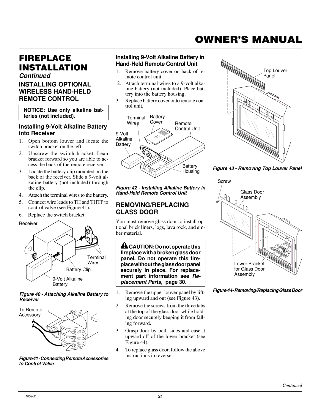 Desa CDV34NA, CDV34PA Installing Optional Wireless HAND-HELD Remote Control, REMOVING/REPLACING Glass Door 