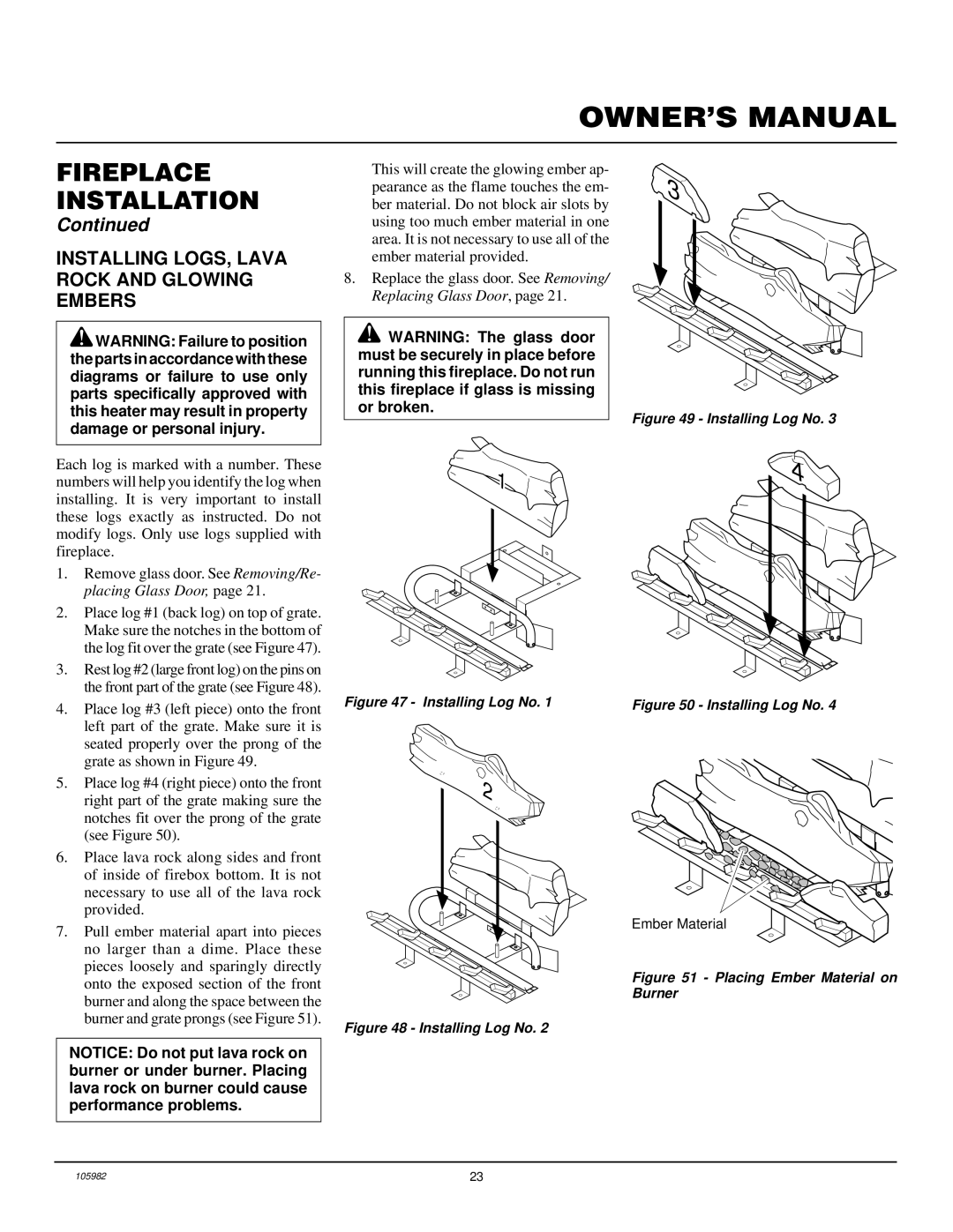 Desa CDV34NA, CDV34PA installation manual Installing LOGS, Lava Rock and Glowing Embers, Installing Log No 
