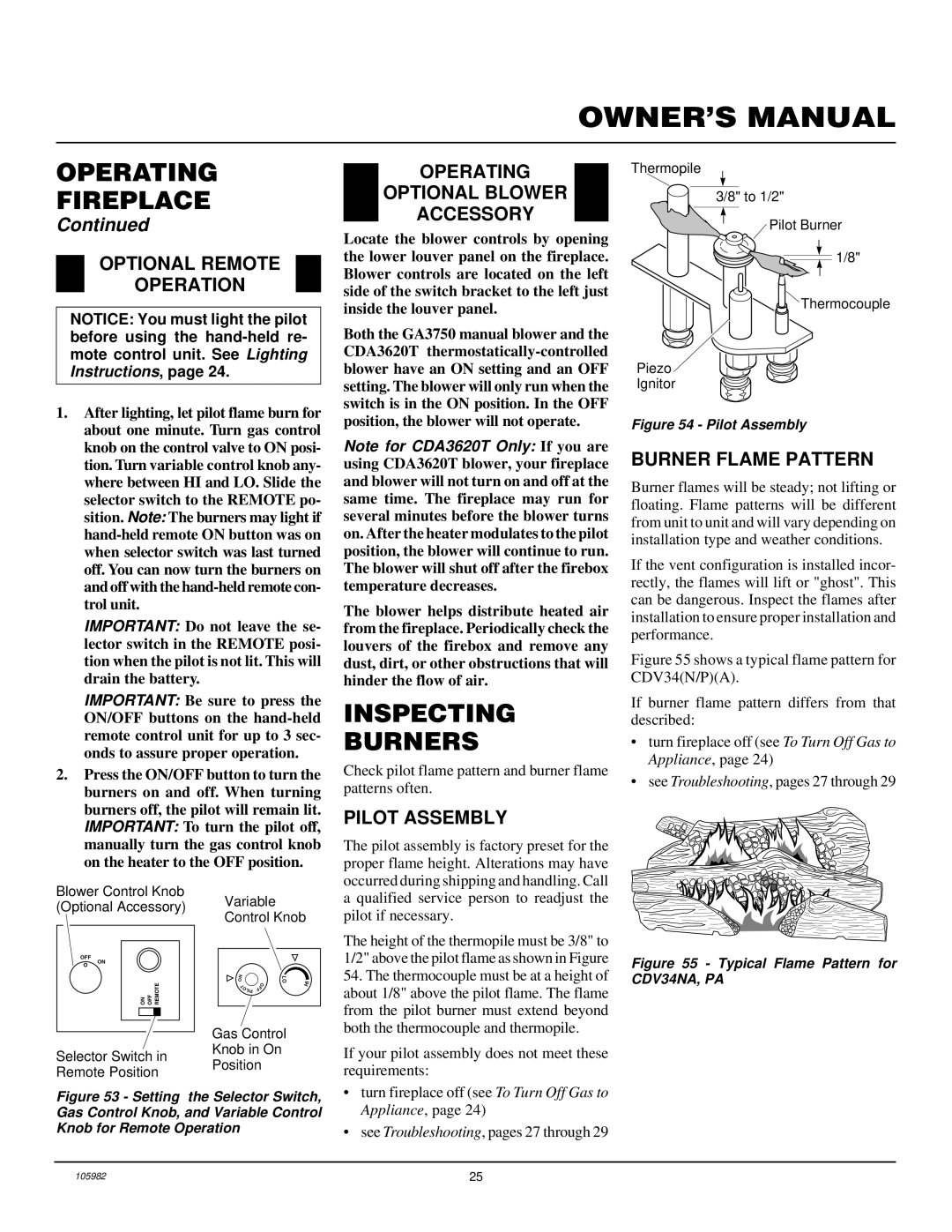 Desa CDV34NA, CDV34PA Inspecting Burners, Optional Remote Operation, Operating Optional Blower Accessory, Pilot Assembly 