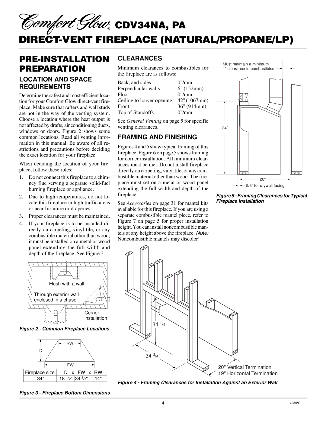 Desa CDV34PA, CDV34NA PRE-INSTALLATION Preparation, Clearances, Location and Space Requirements, Framing and Finishing 