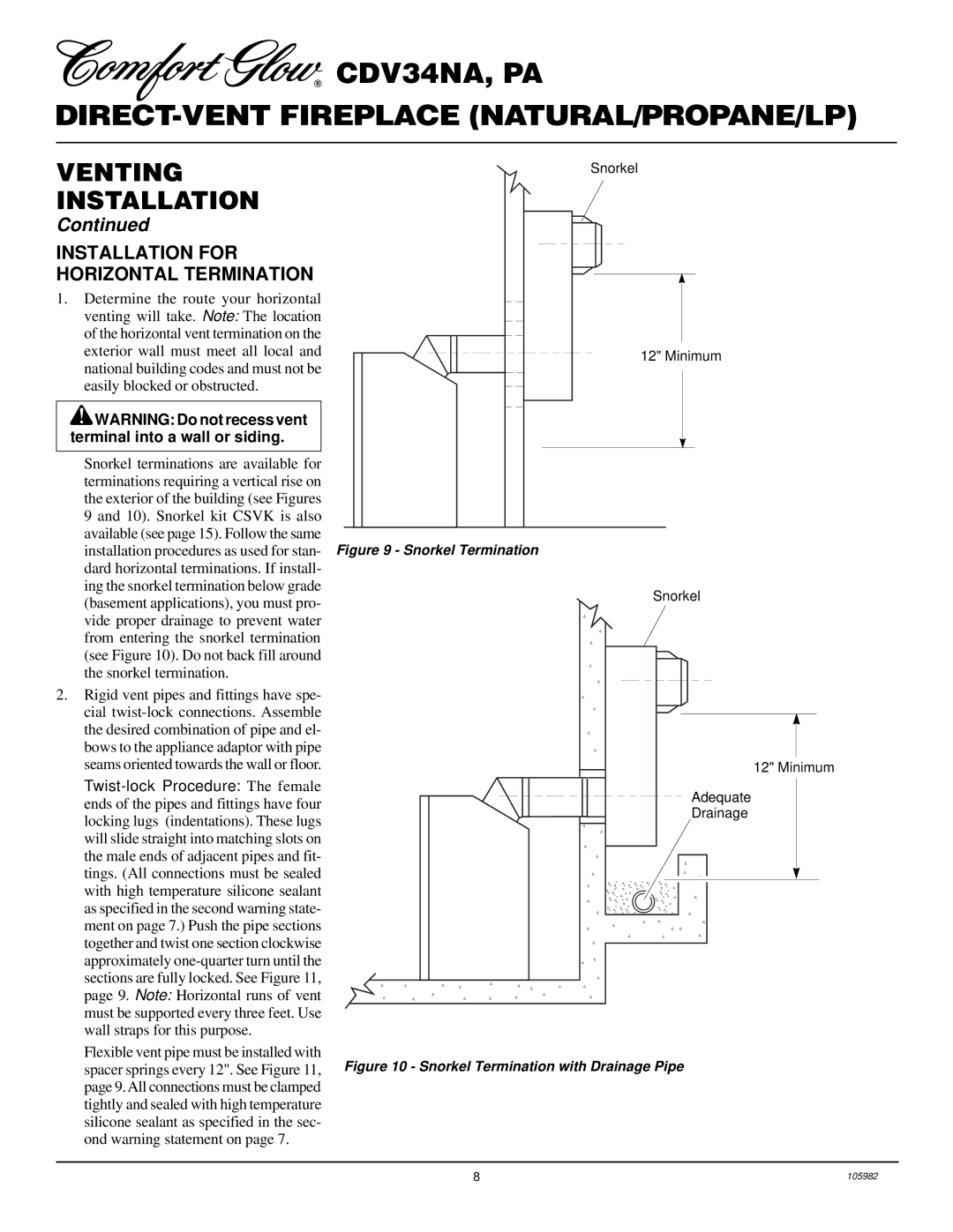 Desa CDV34PA, CDV34NA installation manual Installation for Horizontal Termination, Snorkel Termination 