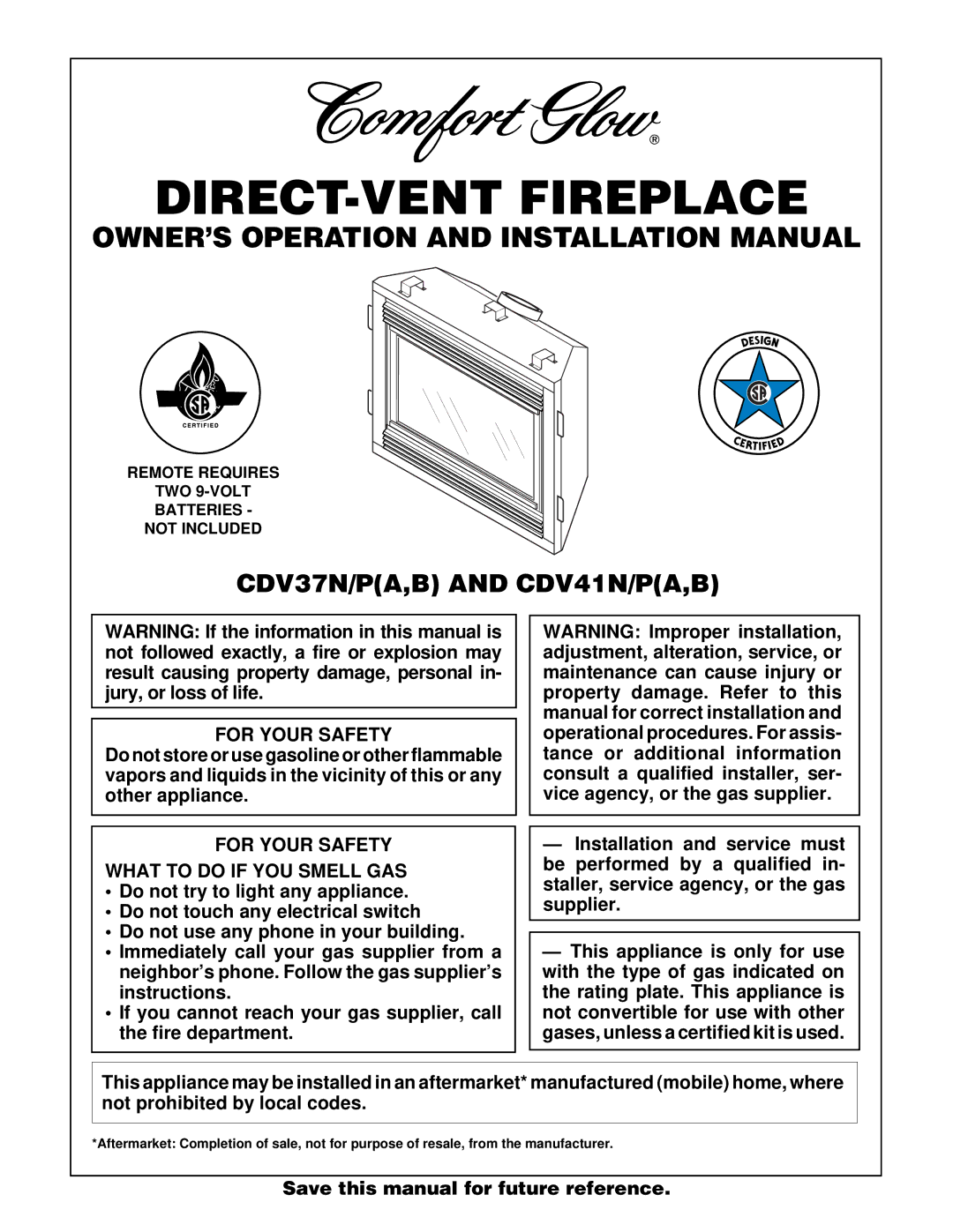 Desa installation manual CDV37N/PA,B and CDV41N/PA,B, For Your Safety What to do if YOU Smell GAS 