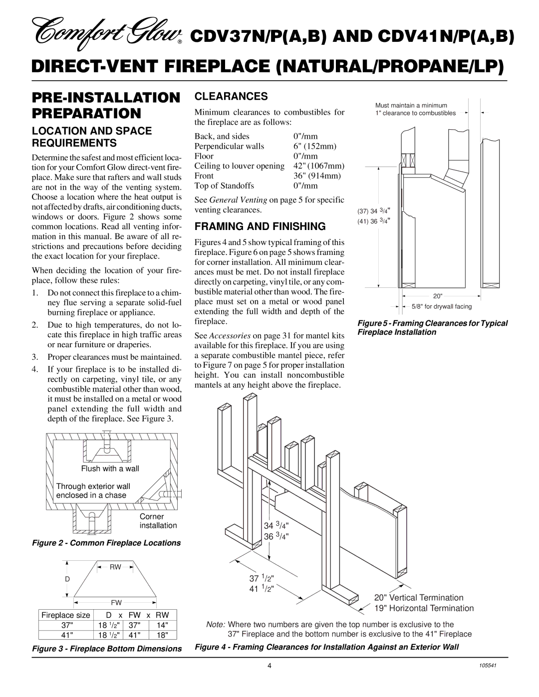 Desa CDV37N/P, CDV41N/P PRE-INSTALLATION Preparation, Clearances, Location and Space Requirements, Framing and Finishing 