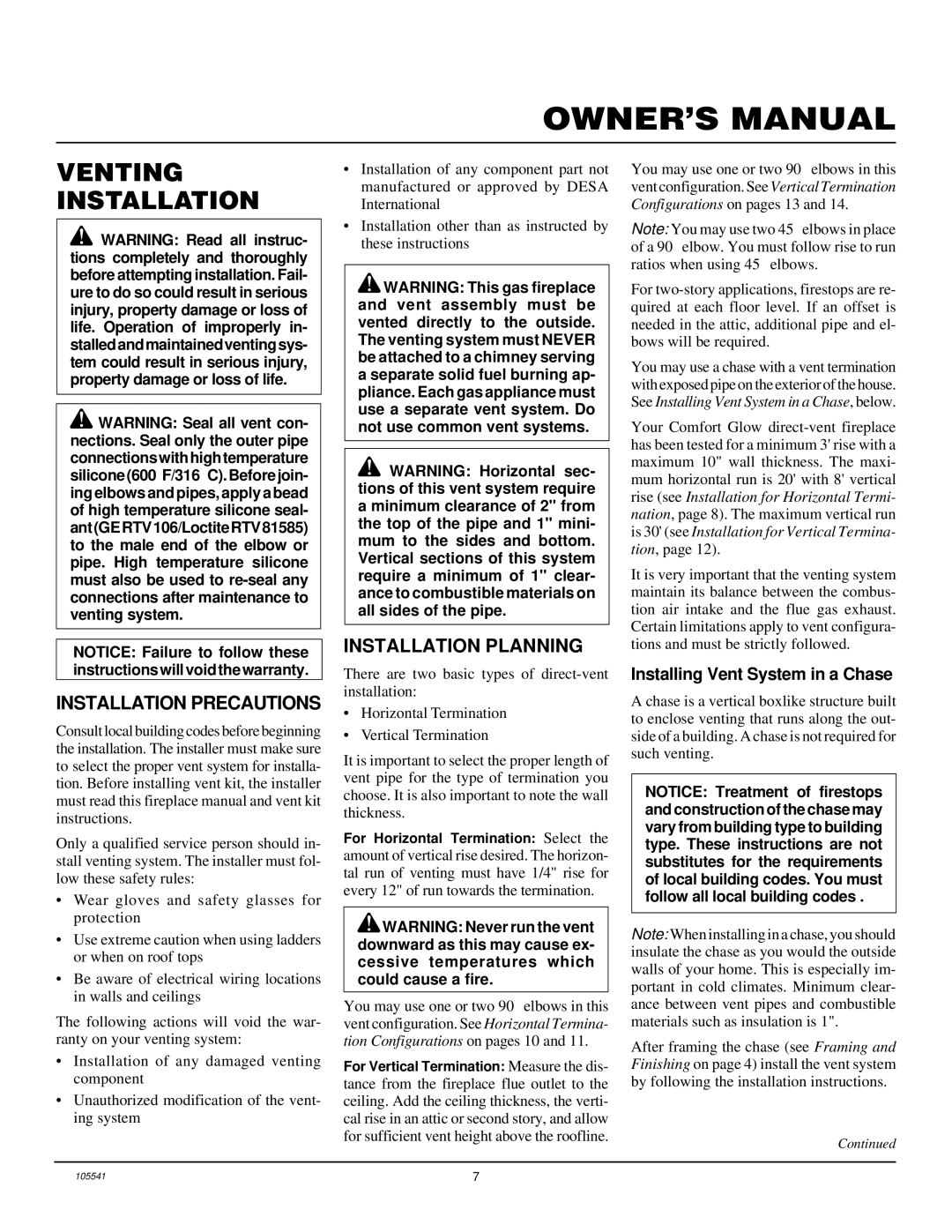 Desa CDV41N/P Venting Installation, Installation Precautions, Installation Planning, Installing Vent System in a Chase 