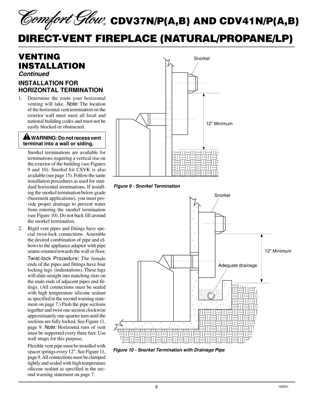 Desa CDV37N/P, CDV41N/P installation manual Installation for Horizontal Termination, Snorkel Termination 