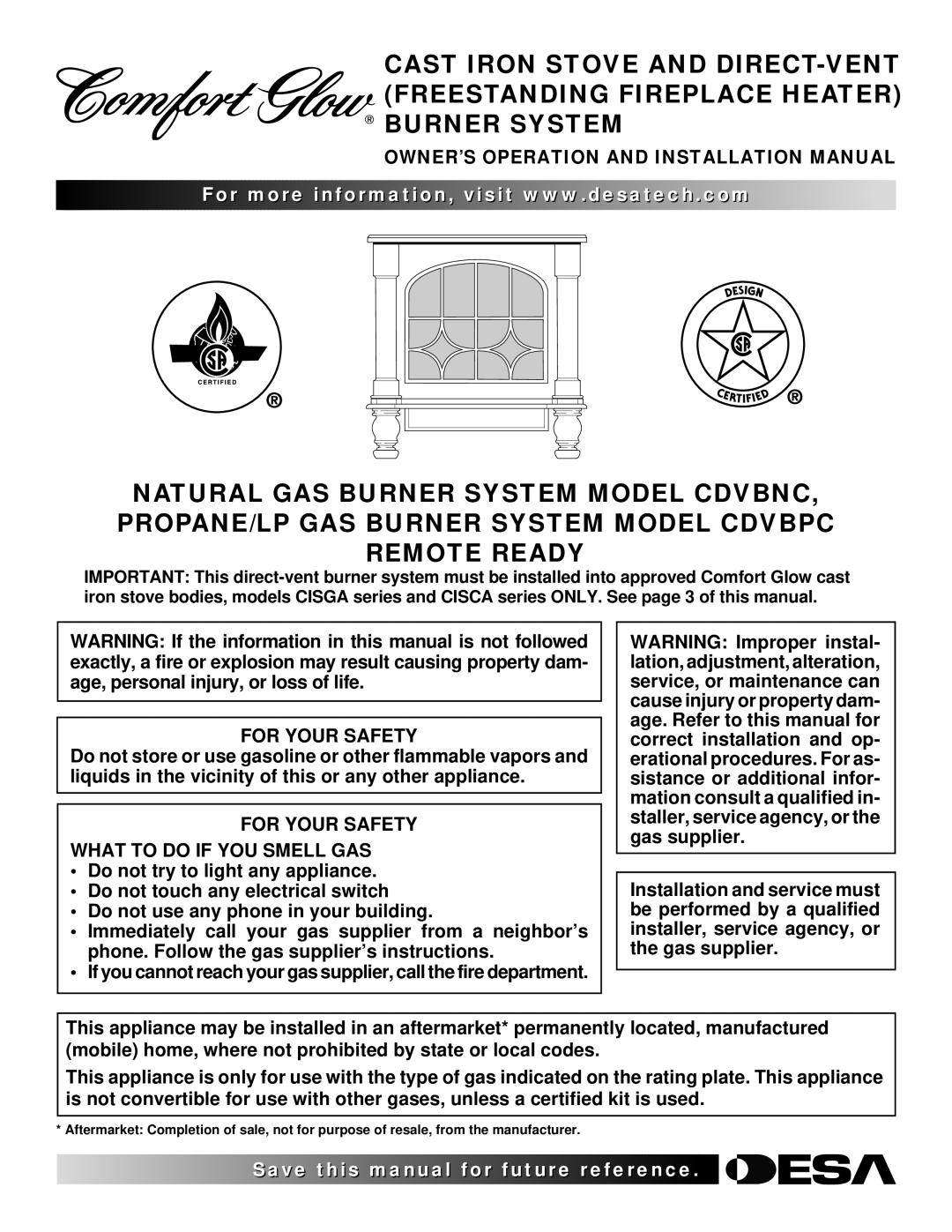 Desa CDVBPC, CDVBNC installation manual OWNER’S Operation and Installation Manual, For Your Safety 