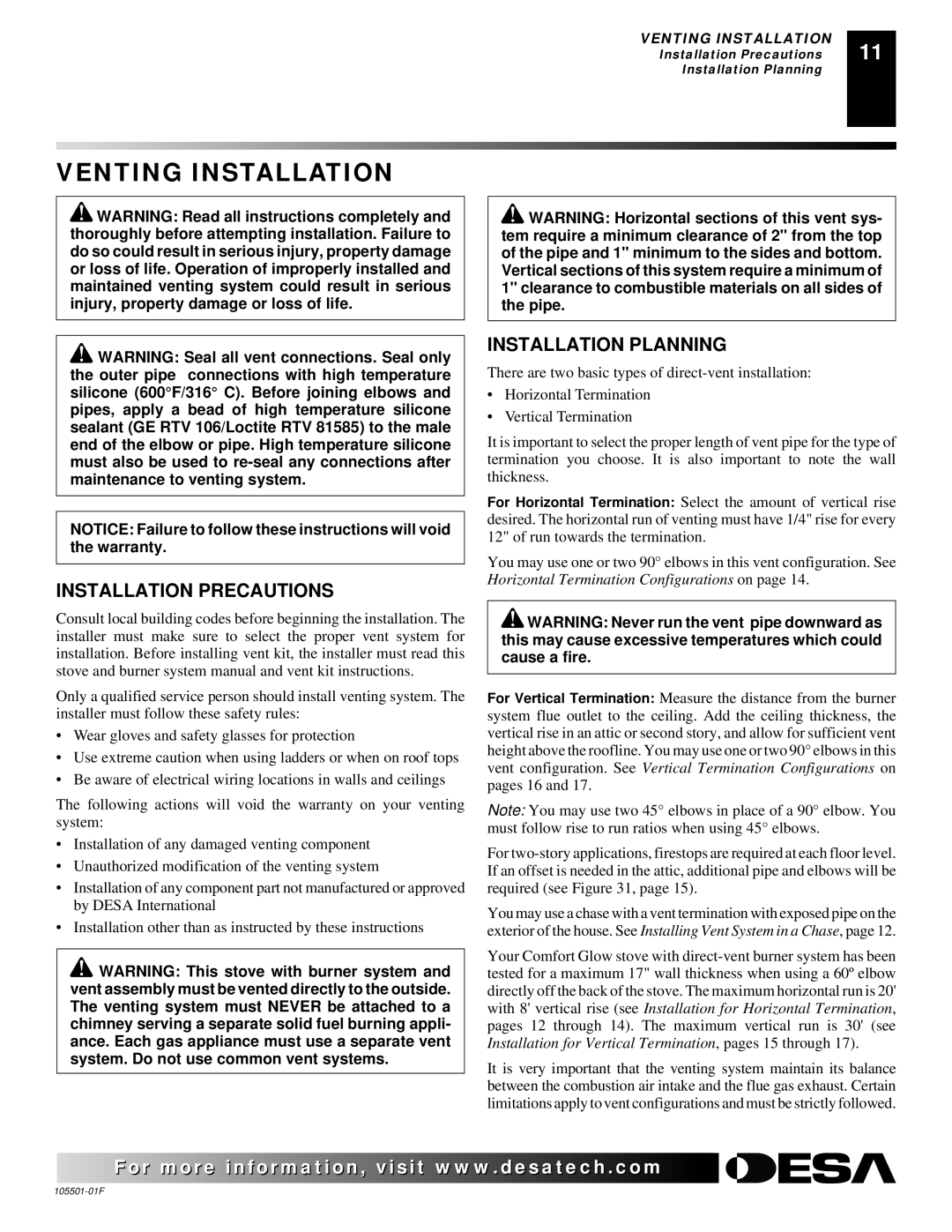 Desa CDVBPC, CDVBNC installation manual Venting Installation, Installation Precautions, Installation Planning 