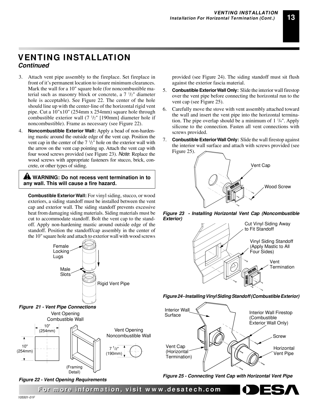 Desa CDVBPC, CDVBNC installation manual Installing Horizontal Vent Cap Noncombustible Exterior 