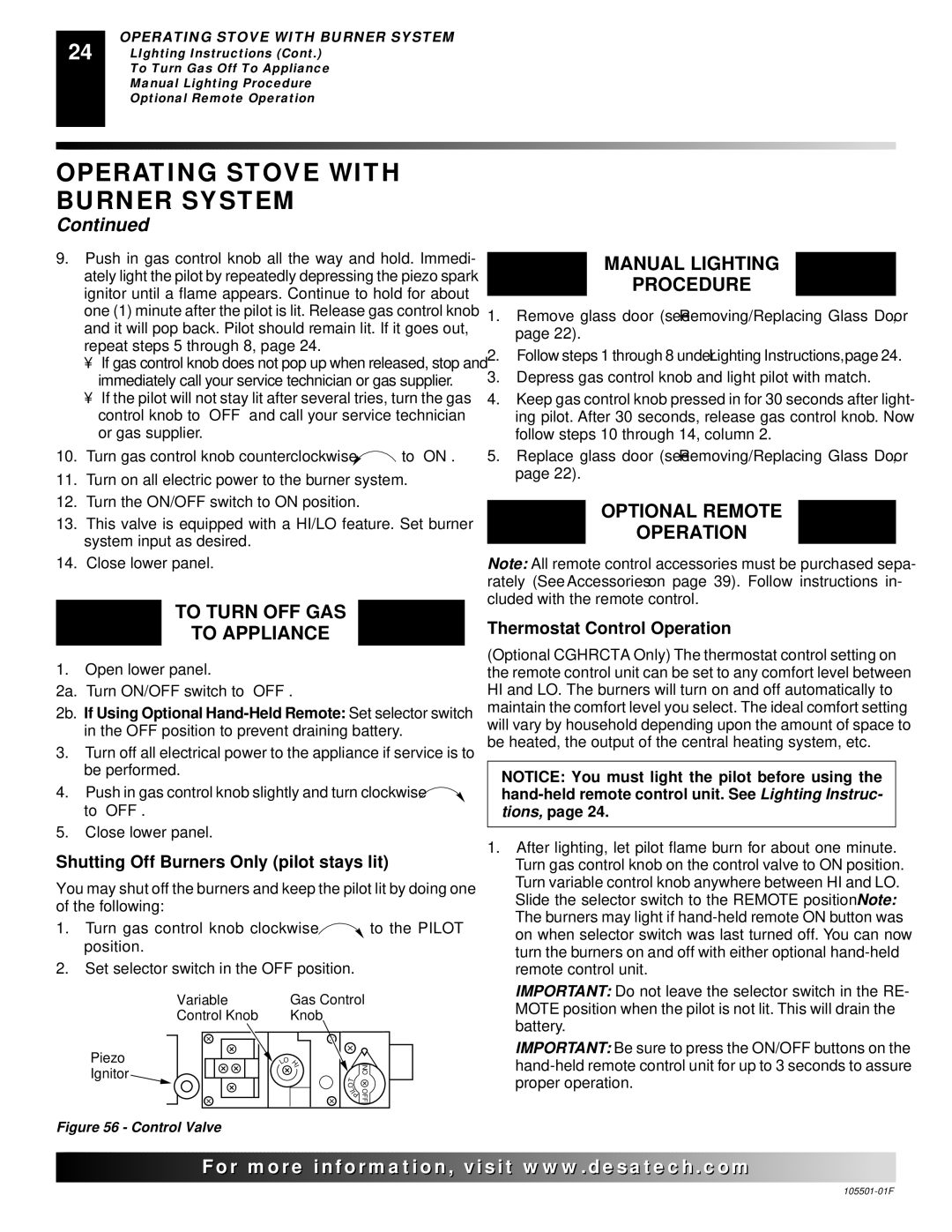 Desa CDVBNC, CDVBPC installation manual To Turn OFF GAS To Appliance, Manual Lighting Procedure, Optional Remote Operation 