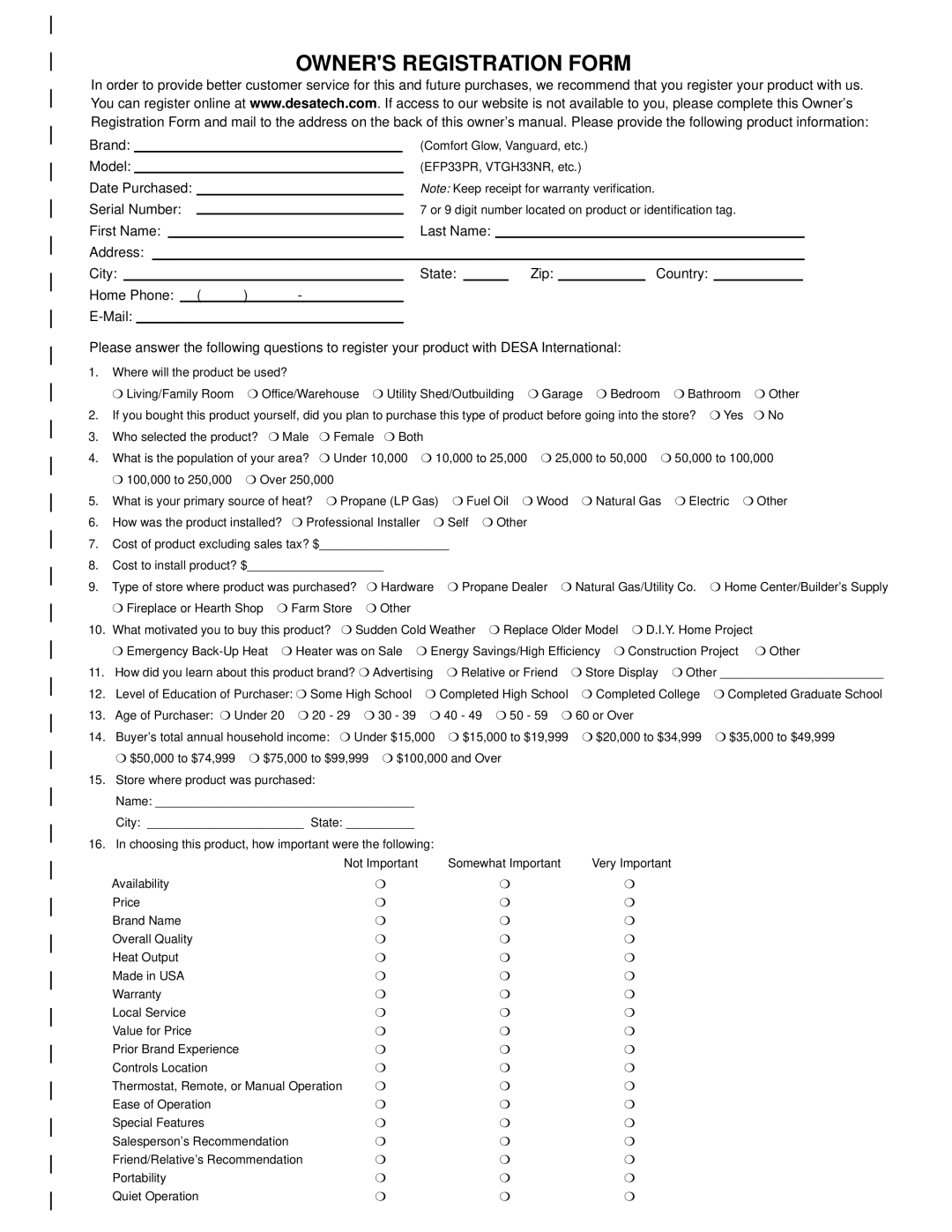 Desa CDVBPC, CDVBNC installation manual Owners Registration Form 