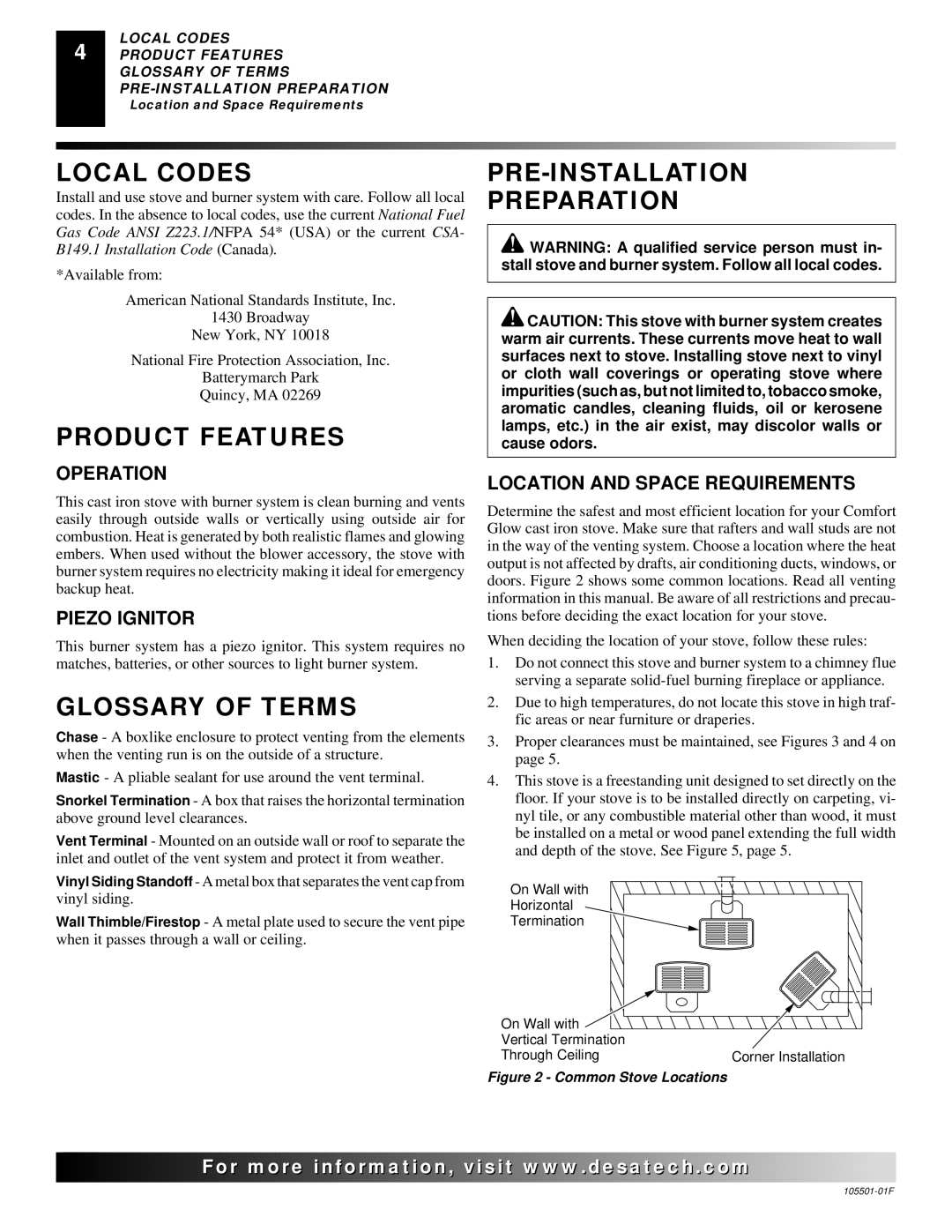 Desa CDVBNC, CDVBPC installation manual Local Codes, Product Features, Glossary of Terms, PRE-INSTALLATION Preparation 