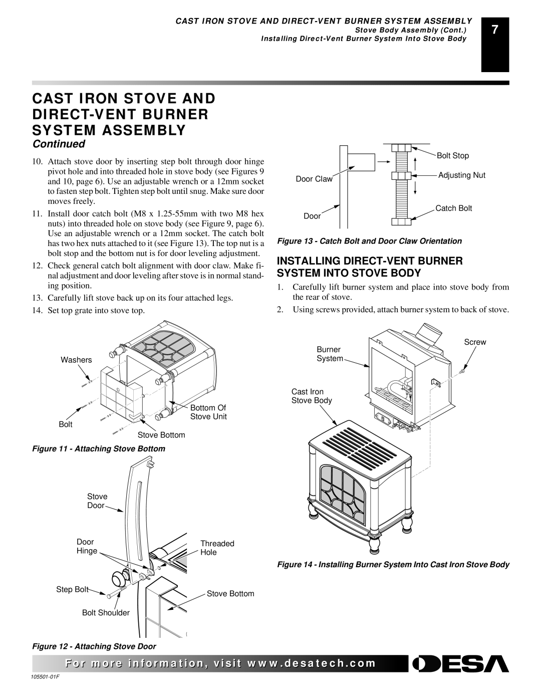 Desa CDVBPC, CDVBNC Installing DIRECT-VENT Burner System Into Stove Body, Catch Bolt and Door Claw Orientation 