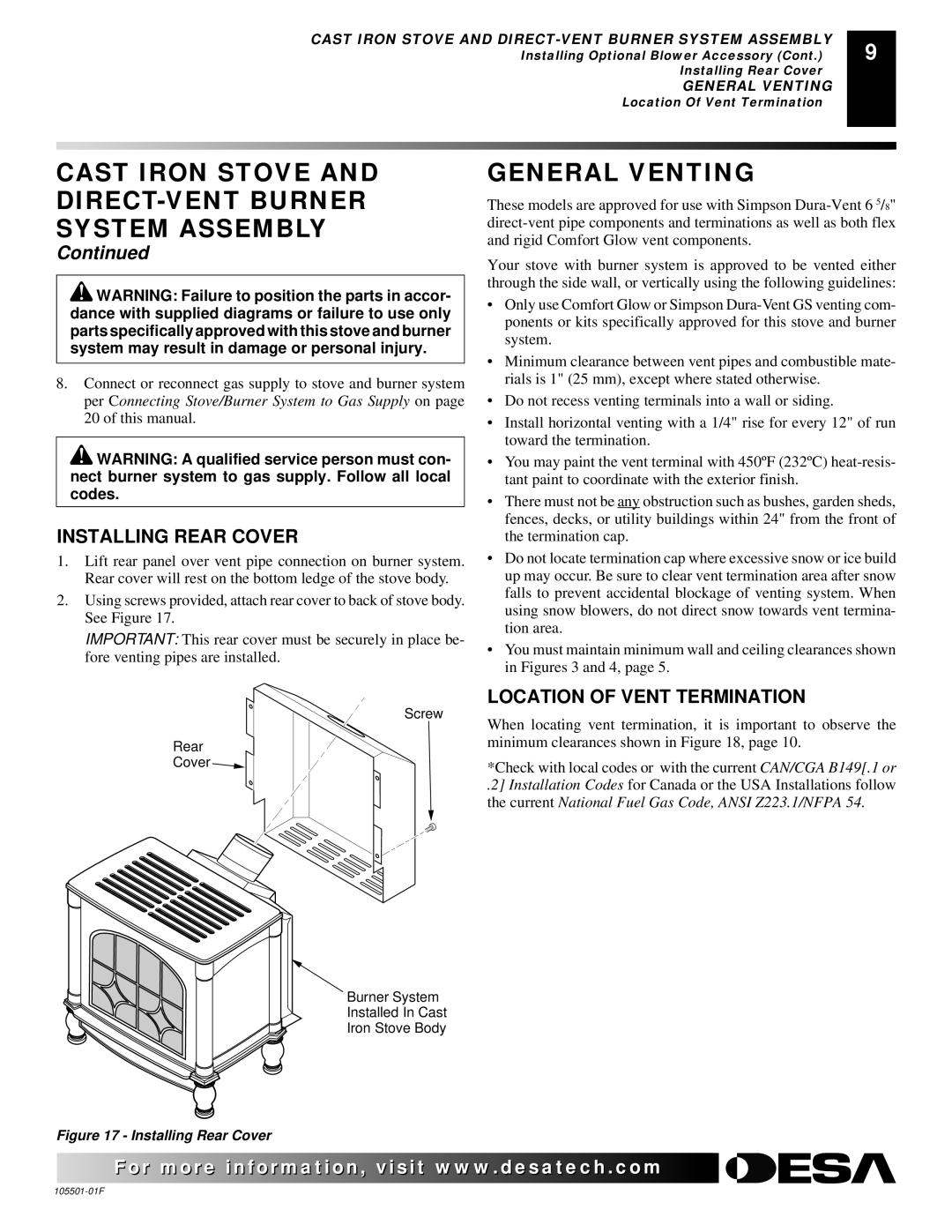 Desa CDVBPC, CDVBNC installation manual General Venting, Installing Rear Cover, Location of Vent Termination 