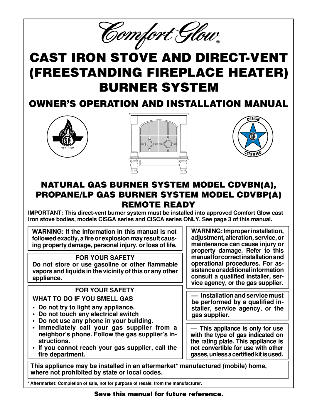 Desa CDVBN(A), CDVBP(A) installation manual For Your Safety What to do if YOU Smell GAS 