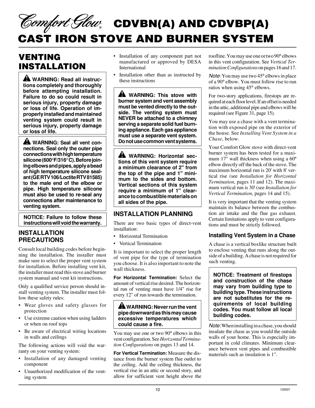 Desa CDVBP(A) Venting Installation, Installation Precautions, Installation Planning, Installing Vent System in a Chase 