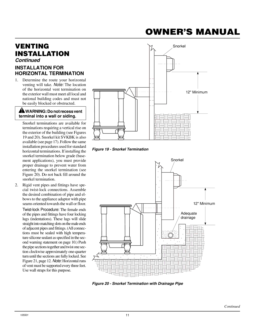 Desa CDVBN(A), CDVBP(A) installation manual Installation for Horizontal Termination, Snorkel Minimum Adequate drainage 