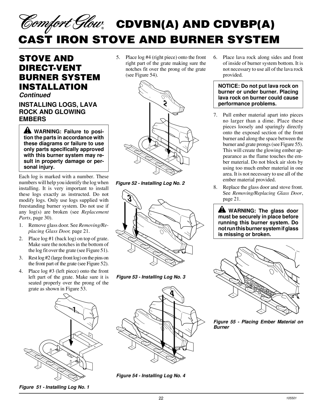 Desa CDVBN(A), CDVBP(A) installation manual Installing LOGS, Lava Rock and Glowing Embers, Installing Log No 