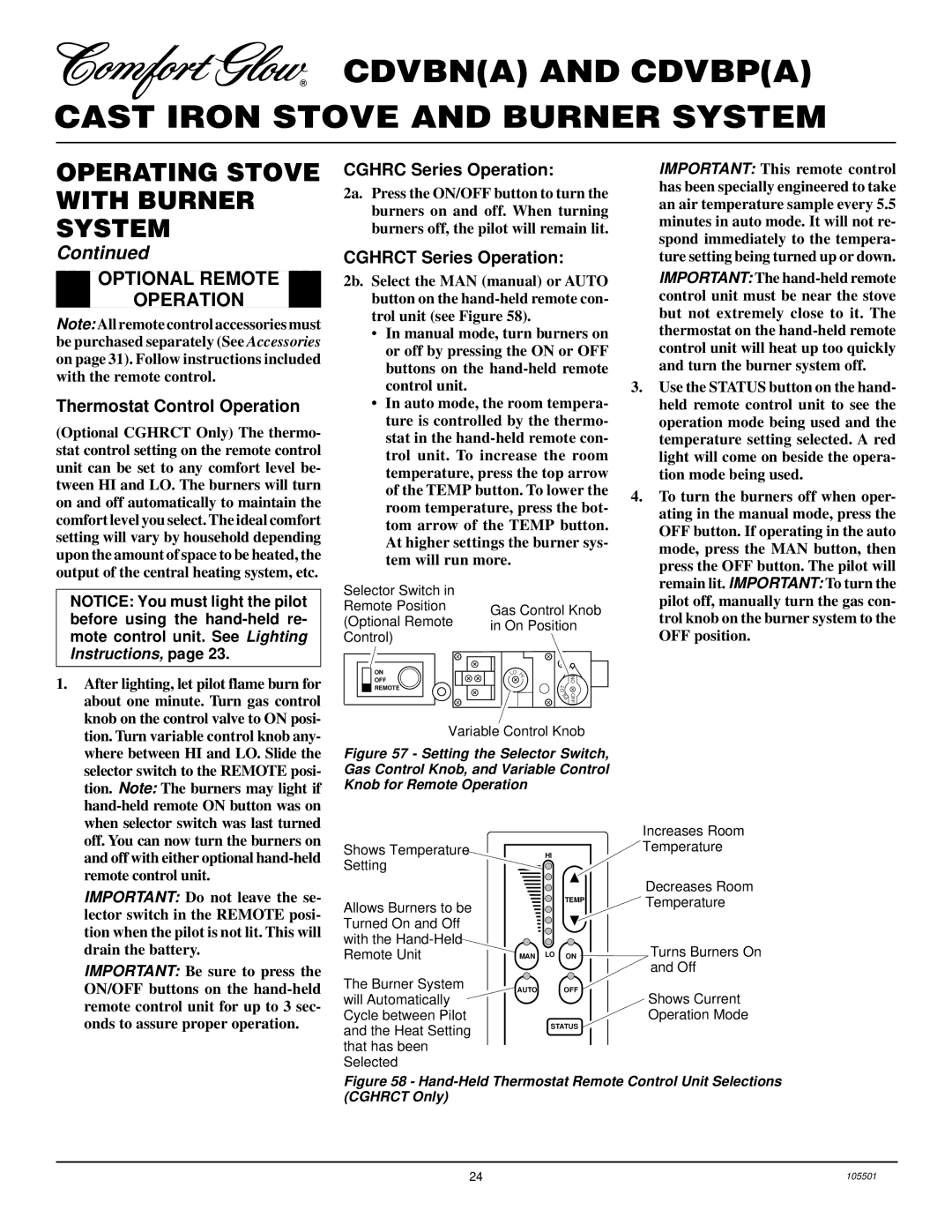 Desa CDVBP(A) Optional Remote Operation, Thermostat Control Operation, Cghrc Series Operation, Cghrct Series Operation 