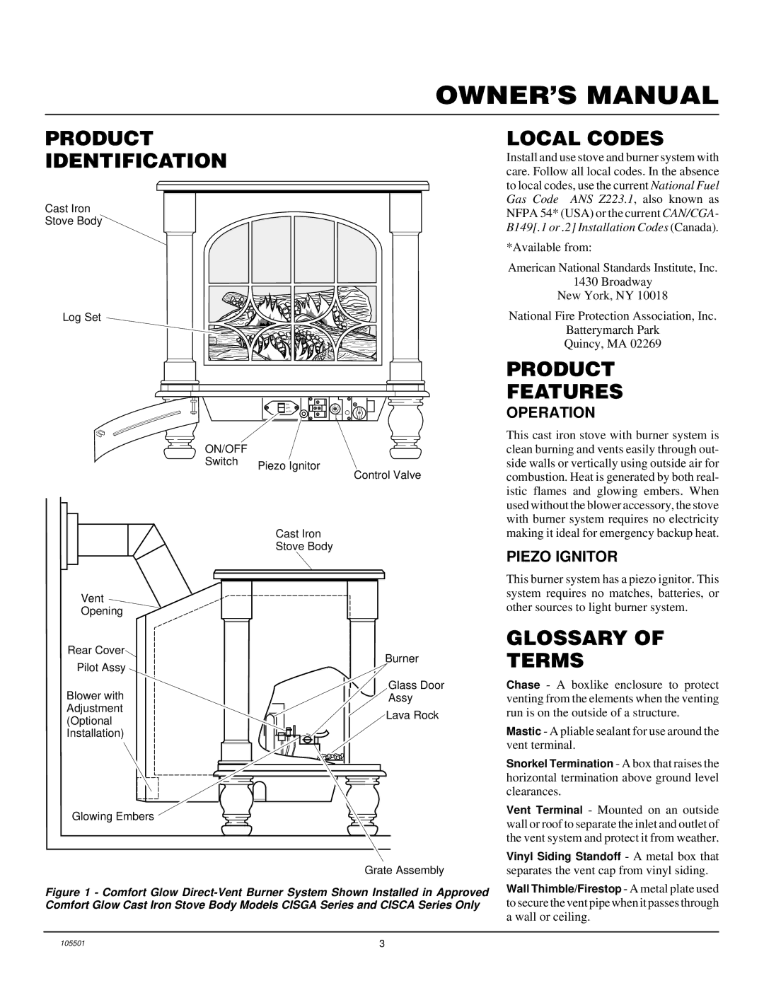 Desa CDVBN(A), CDVBP(A) Product Identification Local Codes, Product Features, Glossary Terms, Operation, Piezo Ignitor 