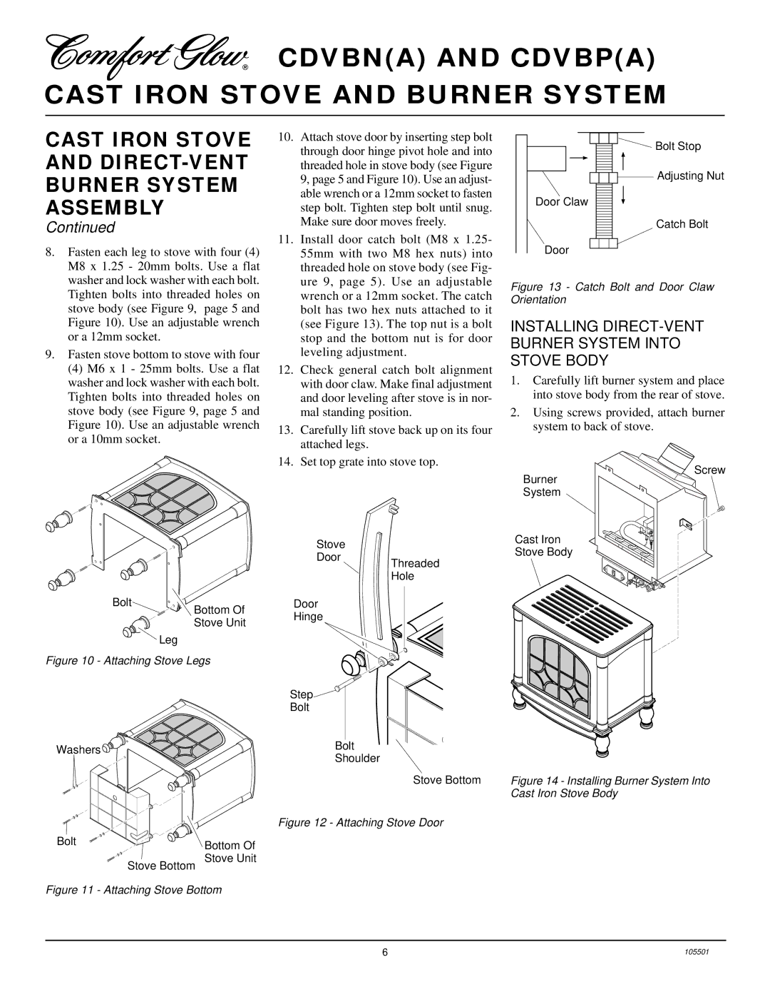 Desa CDVBP(A) Installing DIRECT-VENT Burner System Into Stove Body, Door, Bolt Stop Adjusting Nut Catch Bolt 