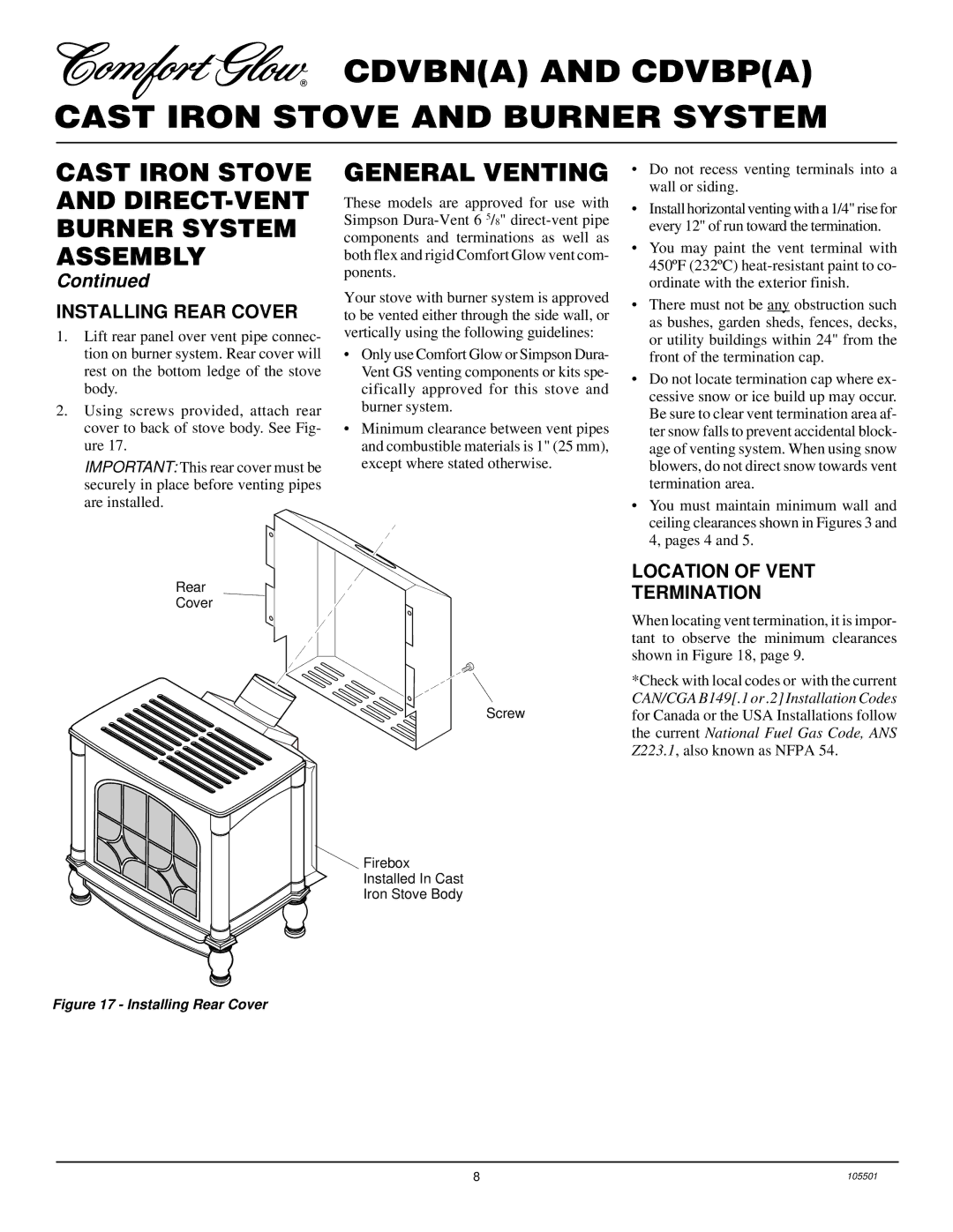 Desa CDVBN(A), CDVBP(A) installation manual General Venting, Installing Rear Cover, Location of Vent Termination, Screw 