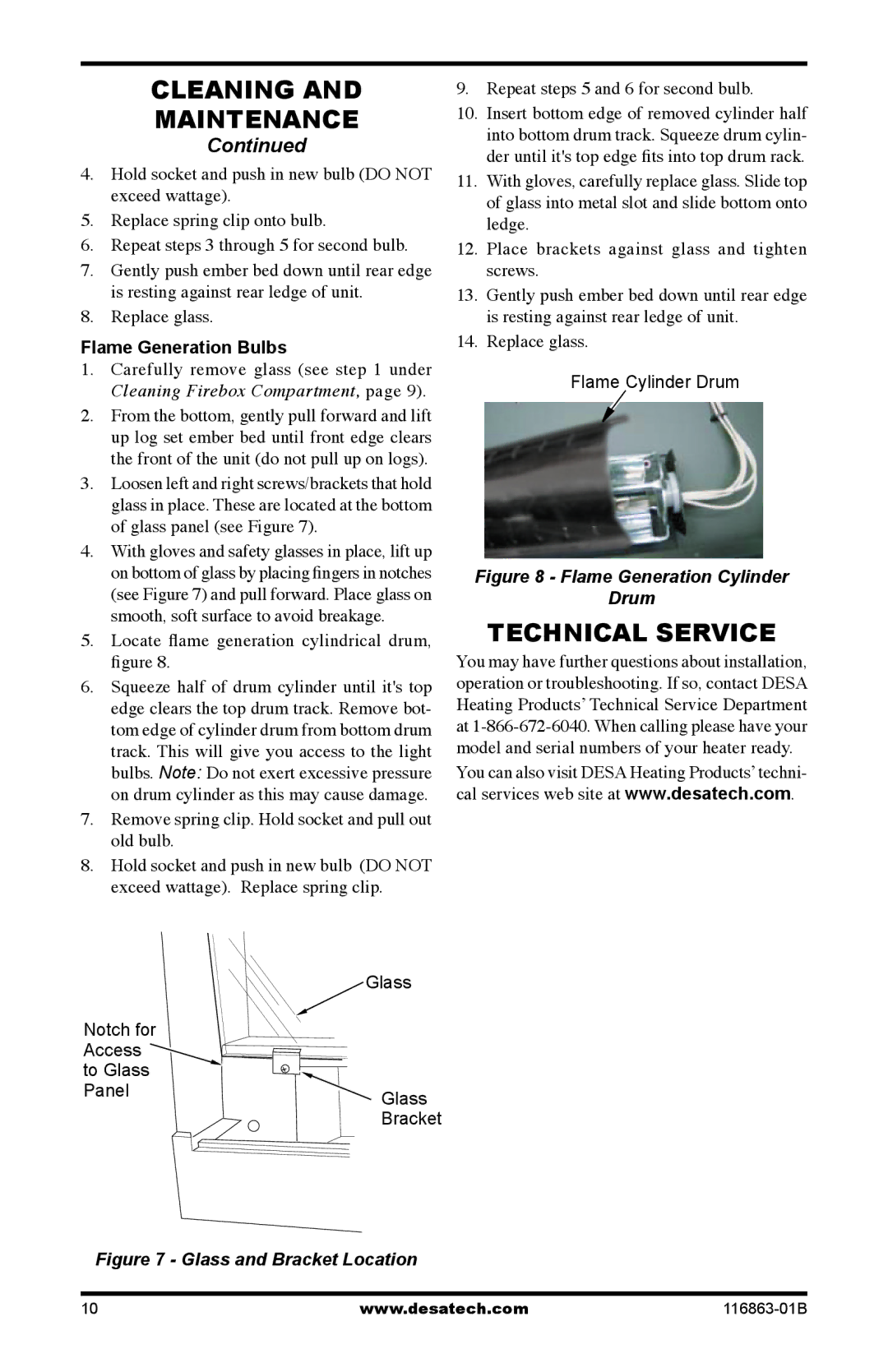 Desa CEF26BN warranty Technical Service, Flame Generation Bulbs, Locate ﬂame generation cylindrical drum, ﬁgure 