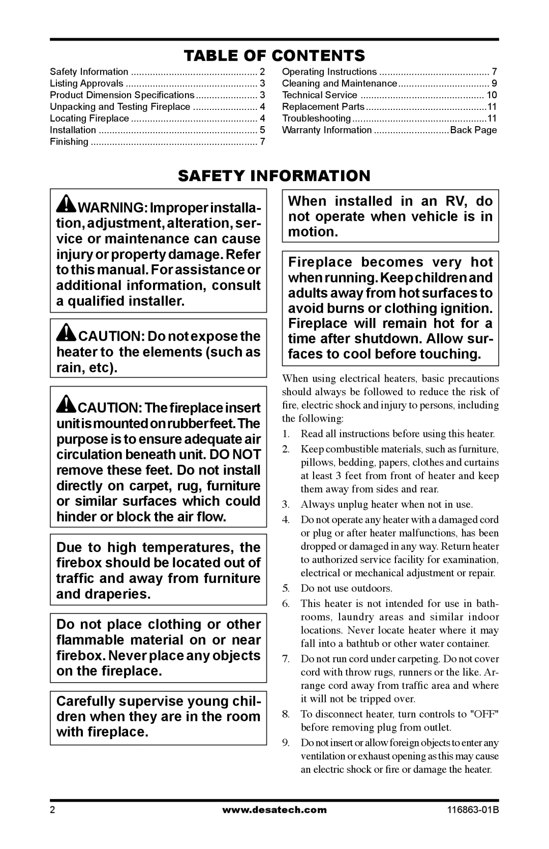 Desa CEF26BN warranty Table of Contents, Safety Information 