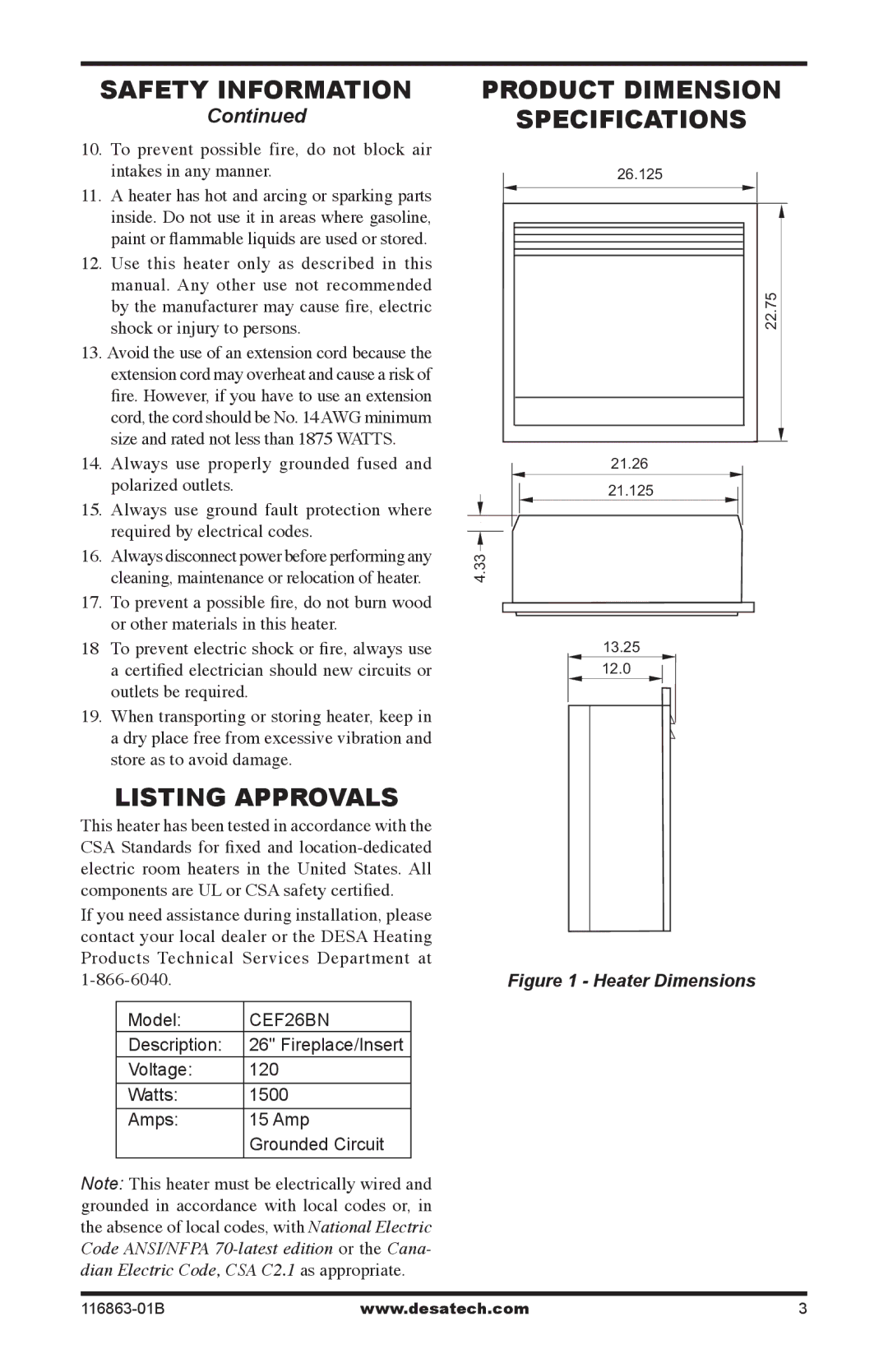 Desa CEF26BN warranty Listing Approvals, Product Dimension Specifications 