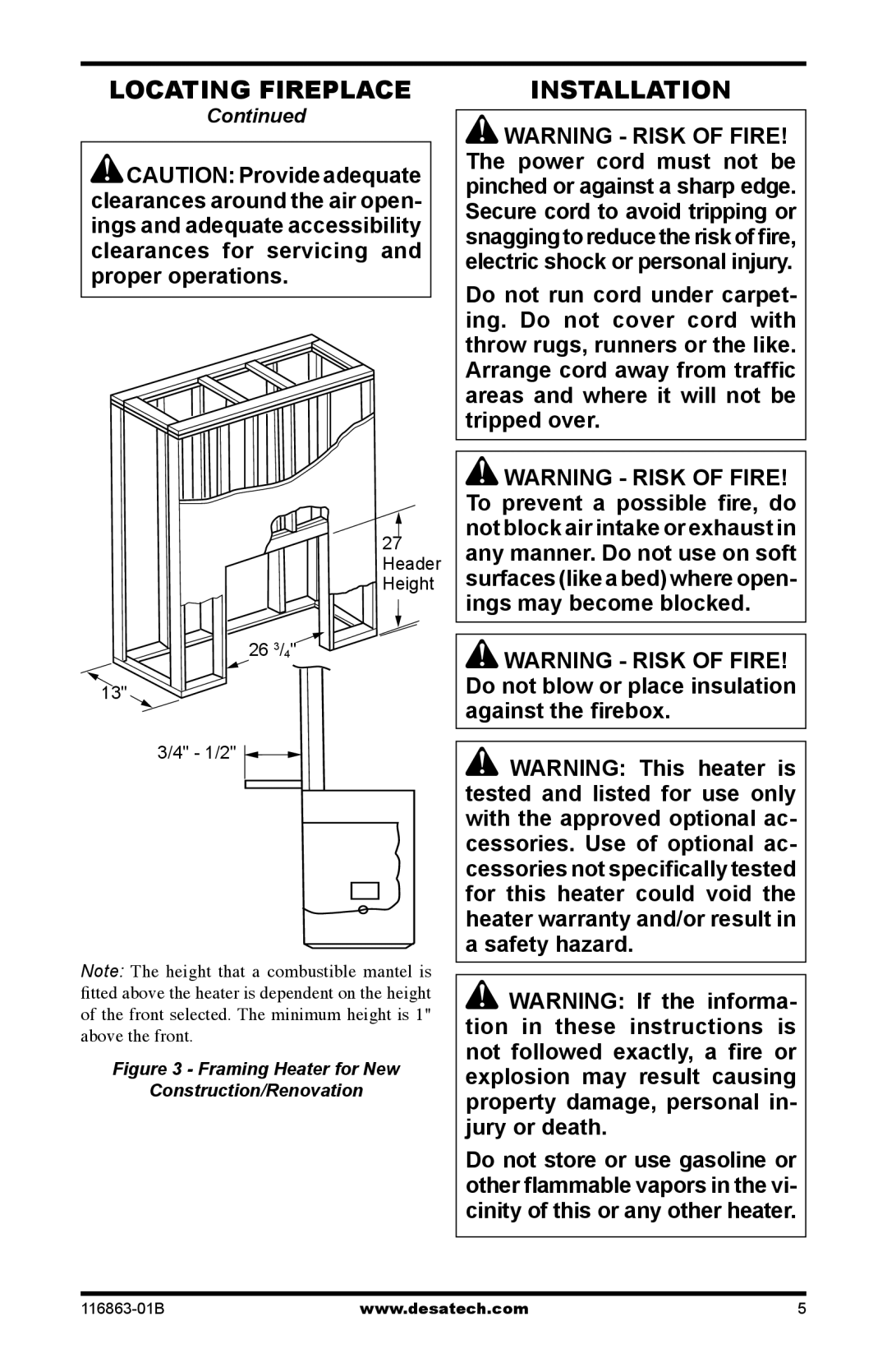 Desa CEF26BN warranty Installation, Framing Heater for New Construction/Renovation 