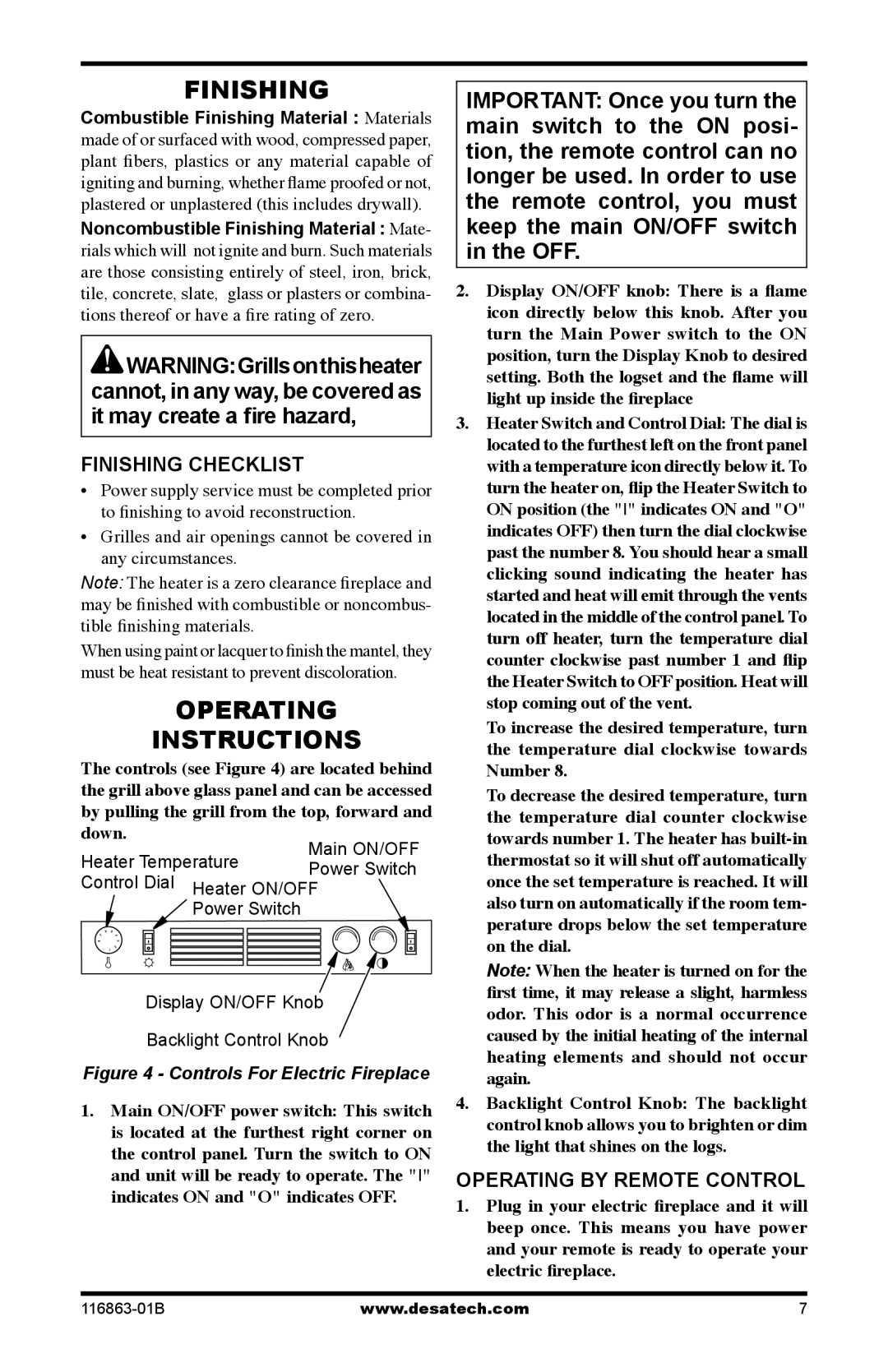 Desa CEF26BN warranty Operating Instructions, Finishing Checklist, Operating by Remote Control 