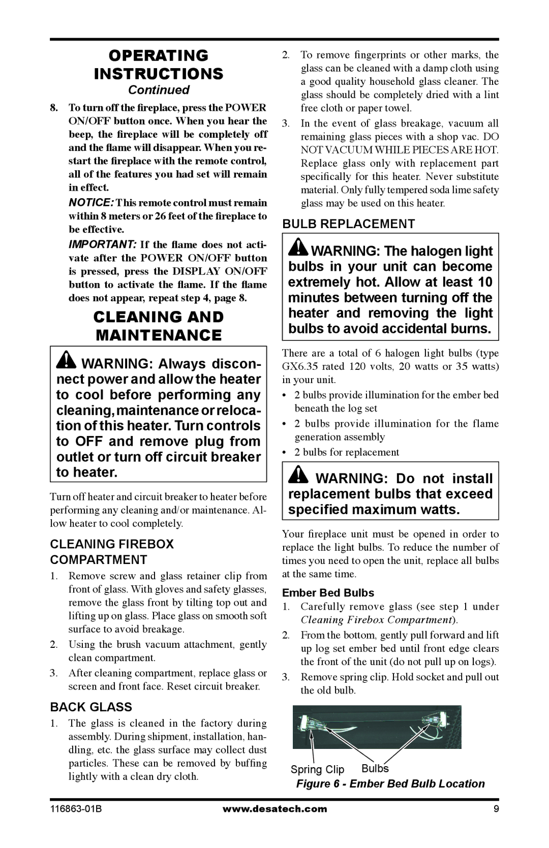 Desa CEF26BN warranty Cleaning Maintenance, Cleaning Firebox Compartment, Back Glass, Bulb Replacement, Ember Bed Bulbs 