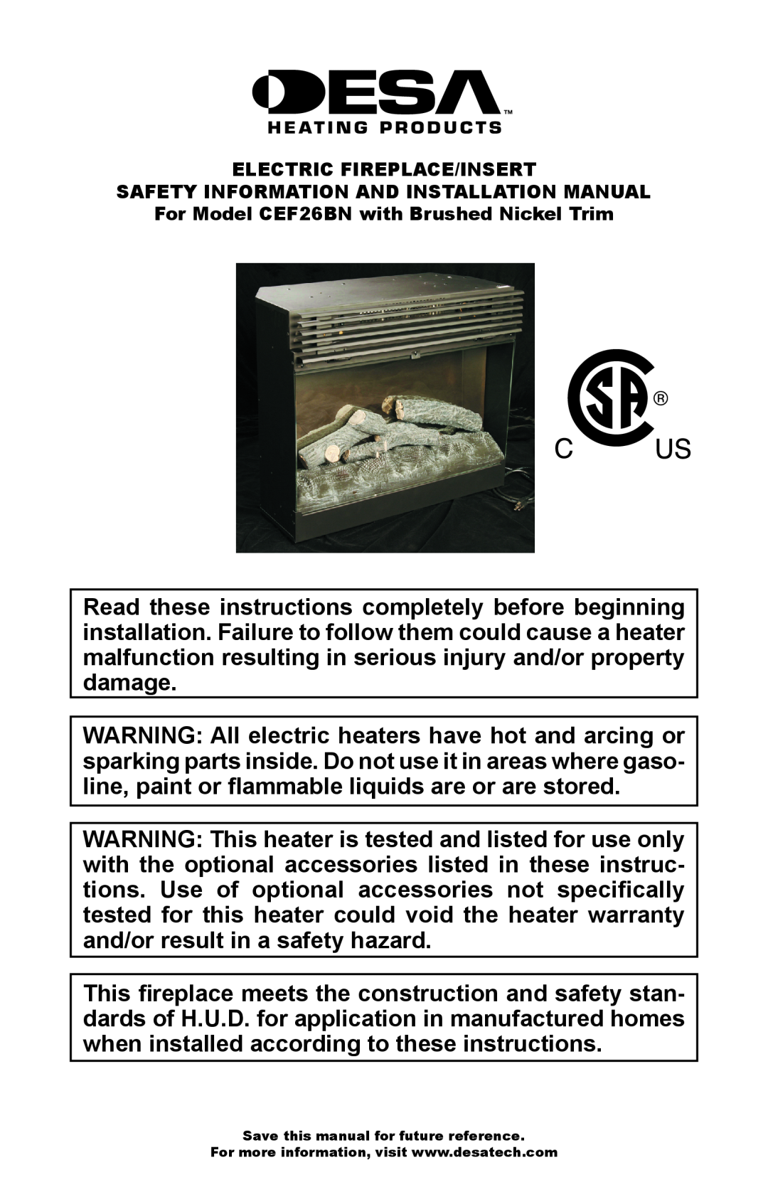 Desa CEF26BN warranty Electric Fireplace/Insert, Safety Information And Installation Manual 