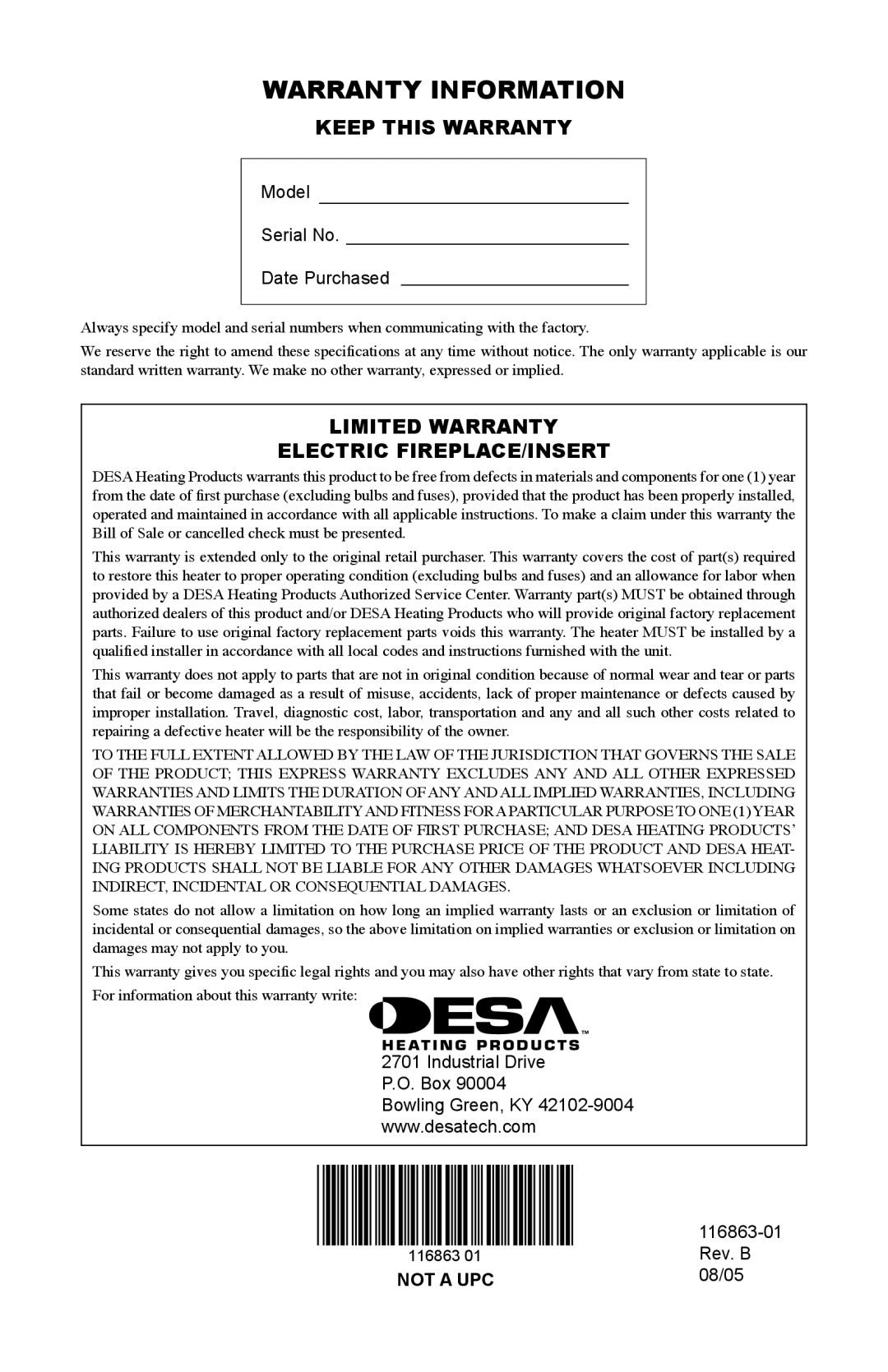 Desa CEF26BN Warranty Information, Keep This Warranty, Limited Warranty Electric Fireplace/Insert, Rev. B, Not A Upc 
