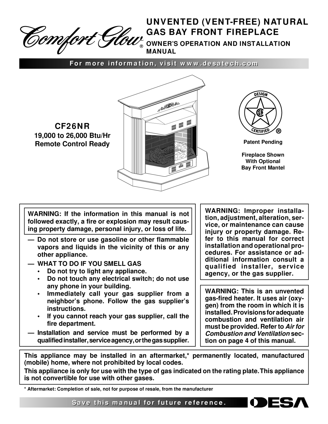 Desa CF26NR installation manual Unvented VENT-FREE Natural GAS BAY Front Fireplace, What to do if YOU Smell GAS 