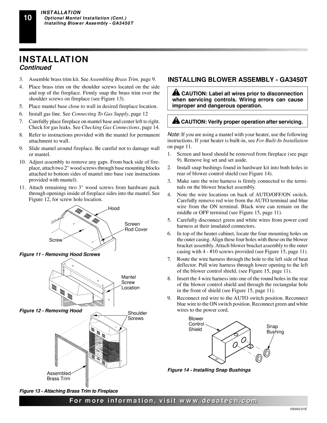 Desa CF26NR installation manual Installing Blower Assembly GA3450T, Removing Hood Screws 