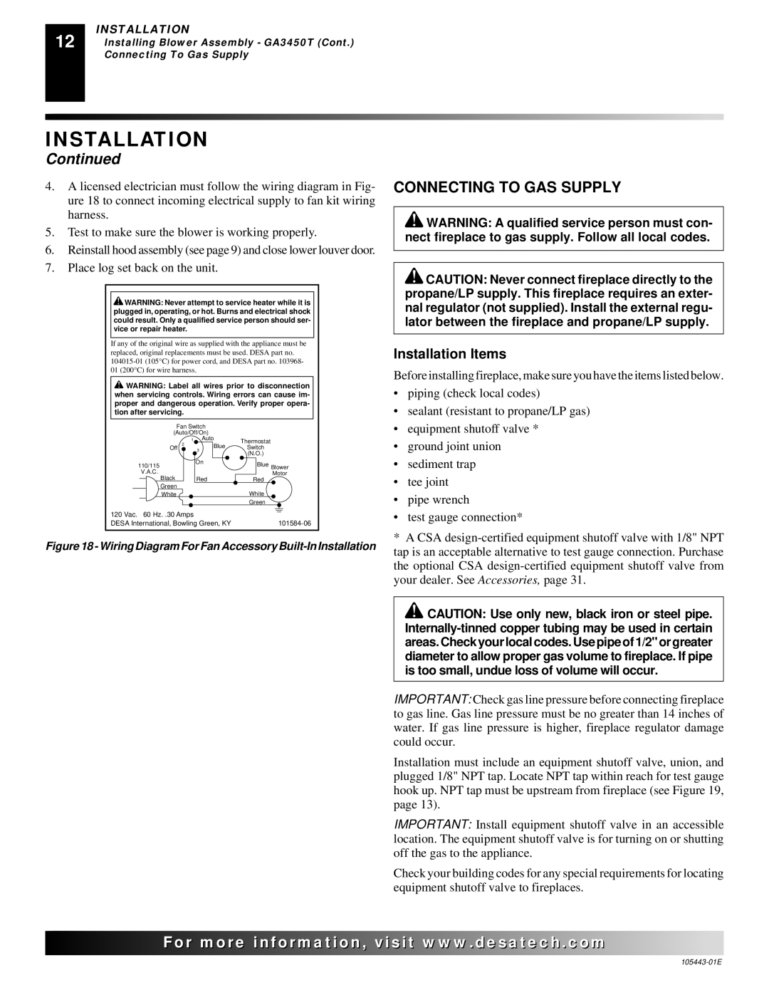 Desa CF26NR installation manual Connecting to GAS Supply, Installation Items 