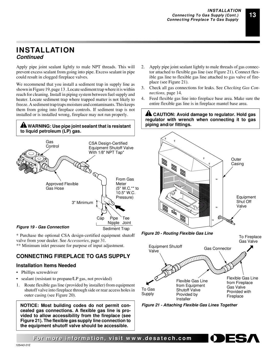 Desa CF26NR installation manual Connecting Fireplace to GAS Supply, Installation Items Needed 