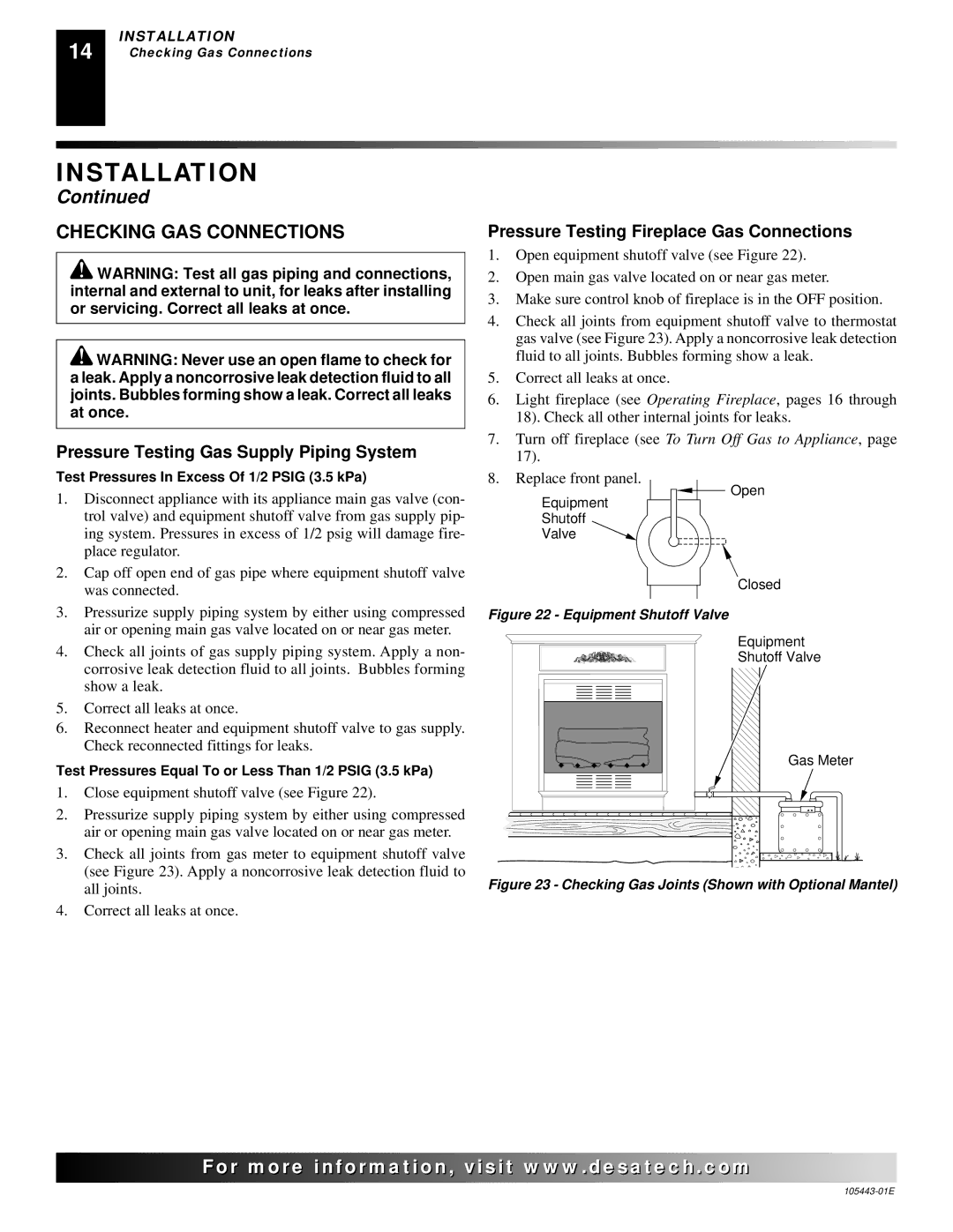 Desa CF26NR installation manual Checking GAS Connections, Pressure Testing Gas Supply Piping System 