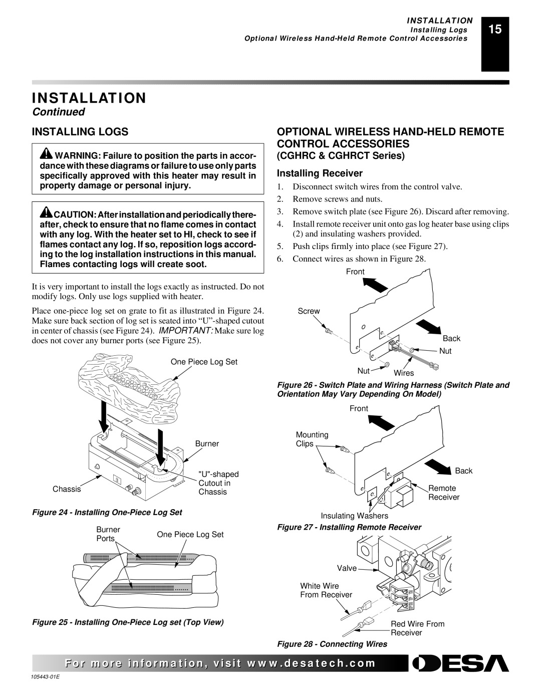 Desa CF26NR installation manual Installing Logs, Optional Wireless HAND-HELD Remote Control Accessories 