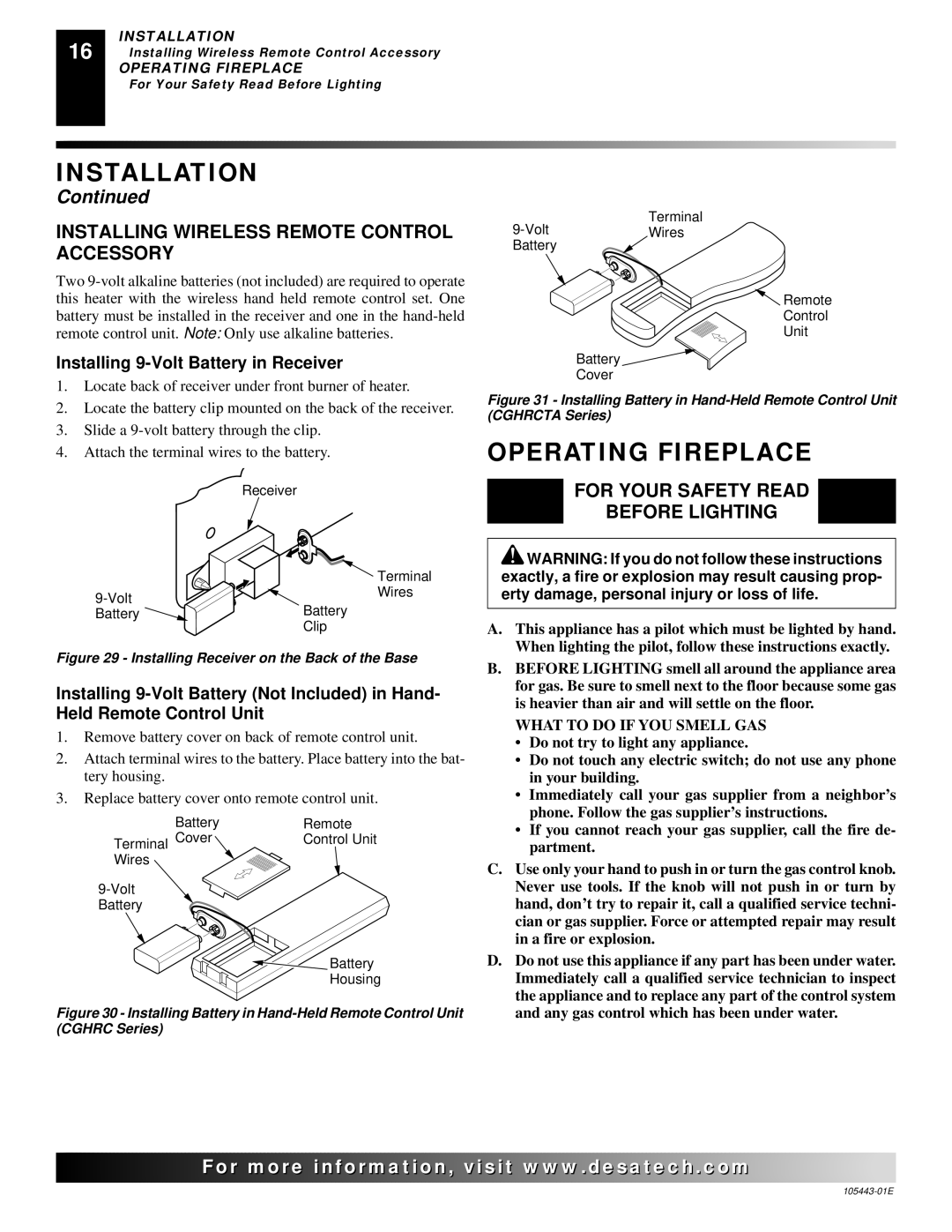 Desa CF26NR Operating Fireplace, Installing Wireless Remote Control Accessory, For Your Safety Read Before Lighting 