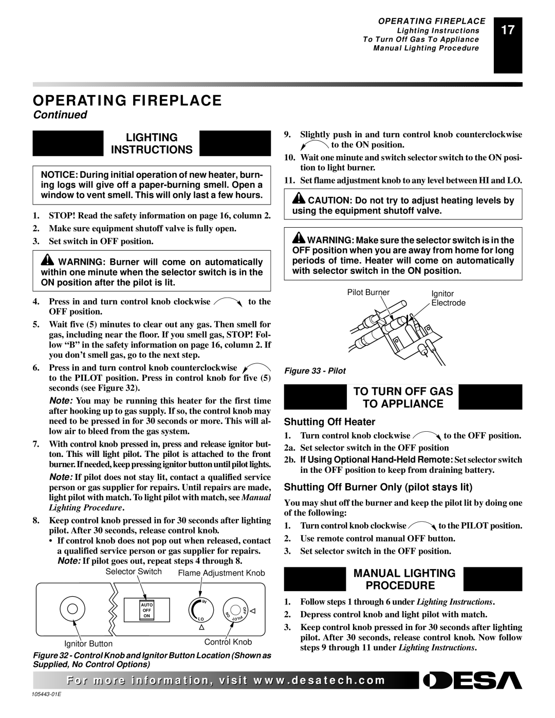 Desa CF26NR Lighting Instructions, To Turn OFF GAS To Appliance, Manual Lighting Procedure, Shutting Off Heater 